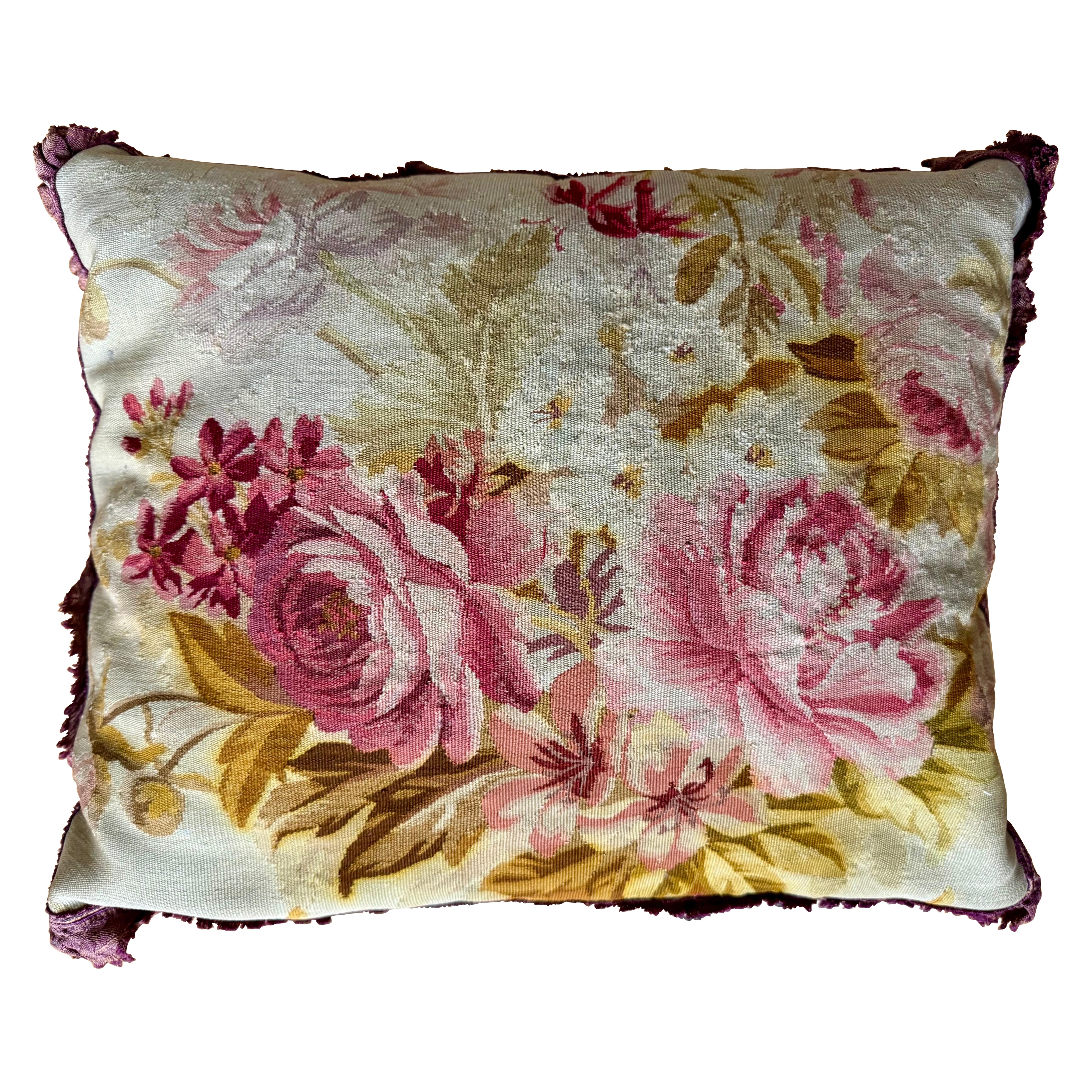 Antique 19th Century French Aubusson Floral Tapestry Lumbar Pillow