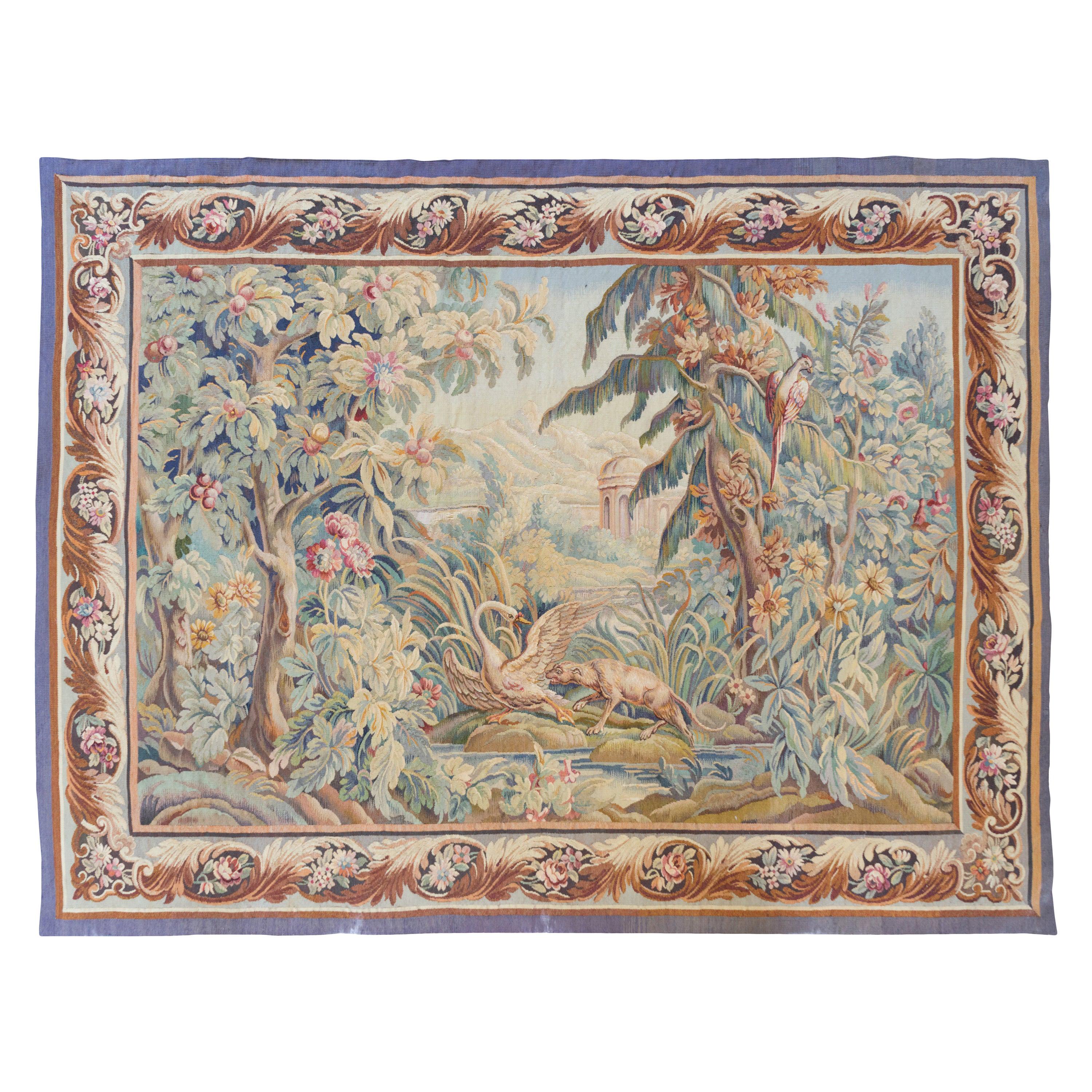 Antique tapisserie française du 19ème siècle:: Aubusson:: paysage avec cygne