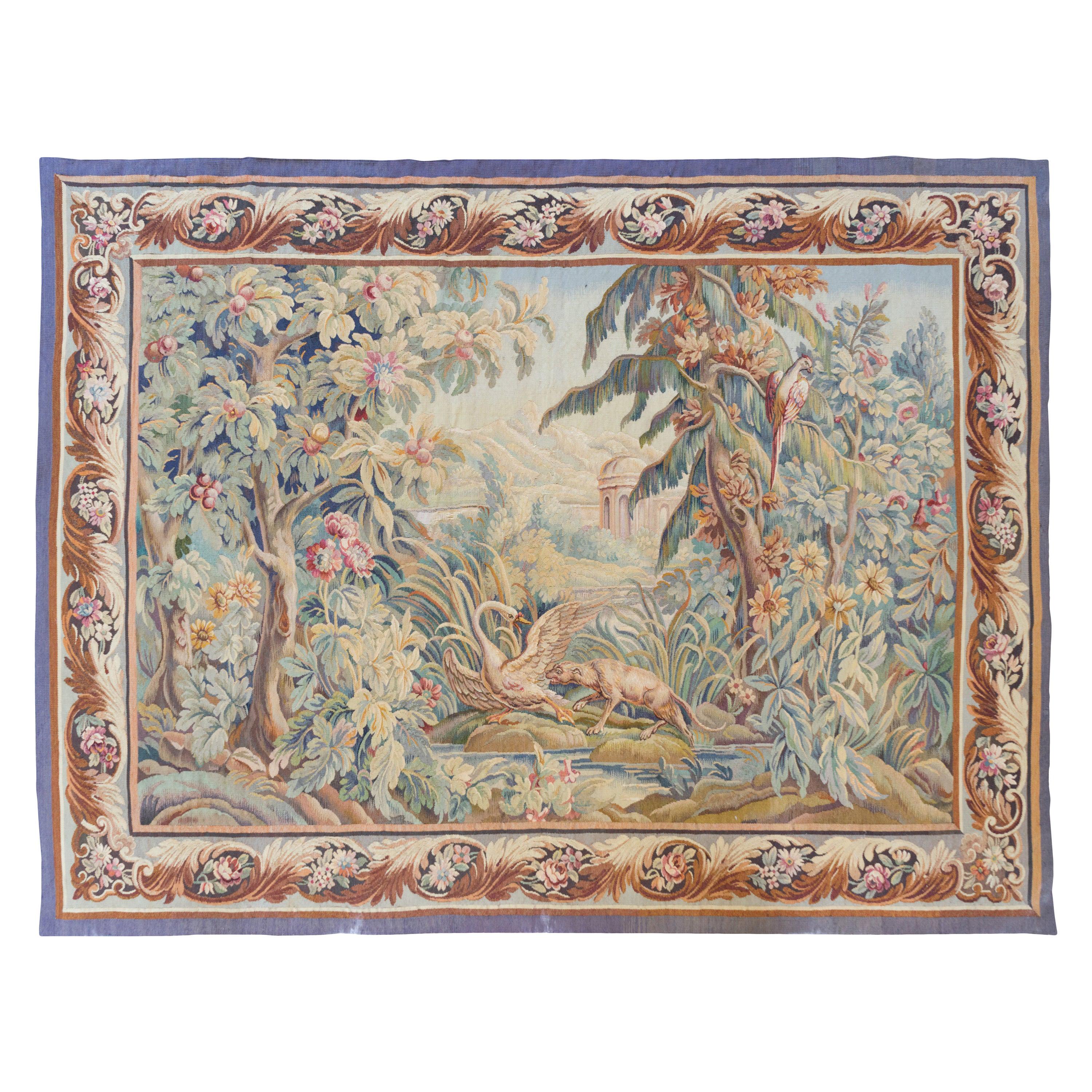 Antique French del XIX secolo, arazzo con paesaggio di Aubusson e cigno