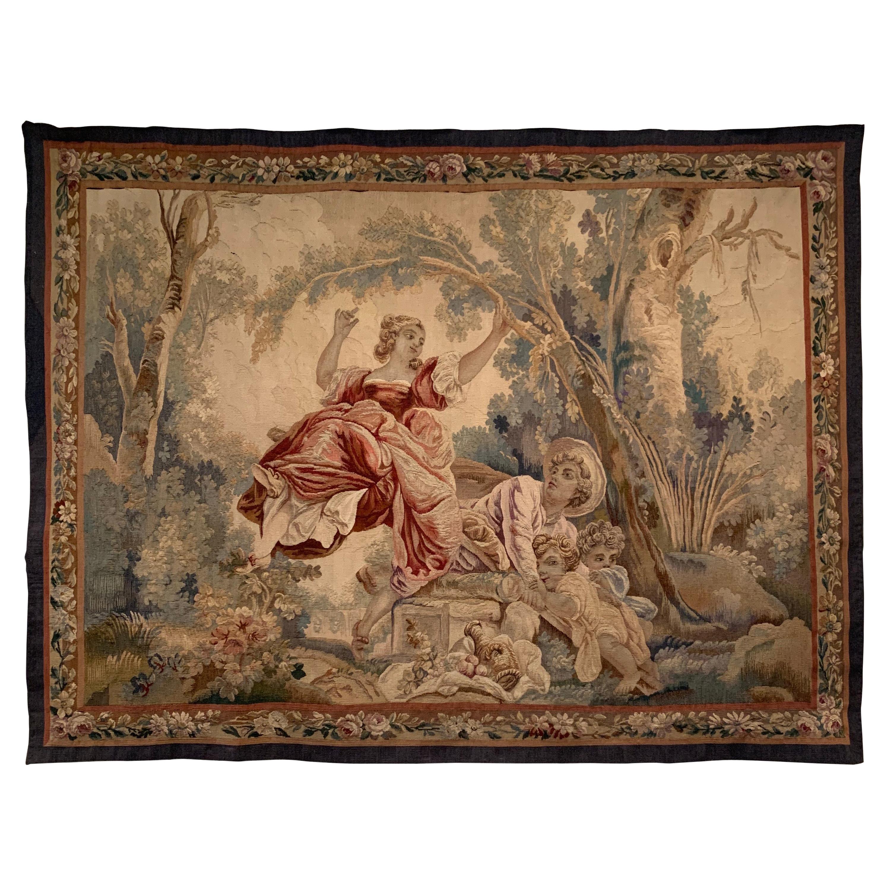 Antiguo Tapiz Aubusson Rococo Francés del Siglo XIX