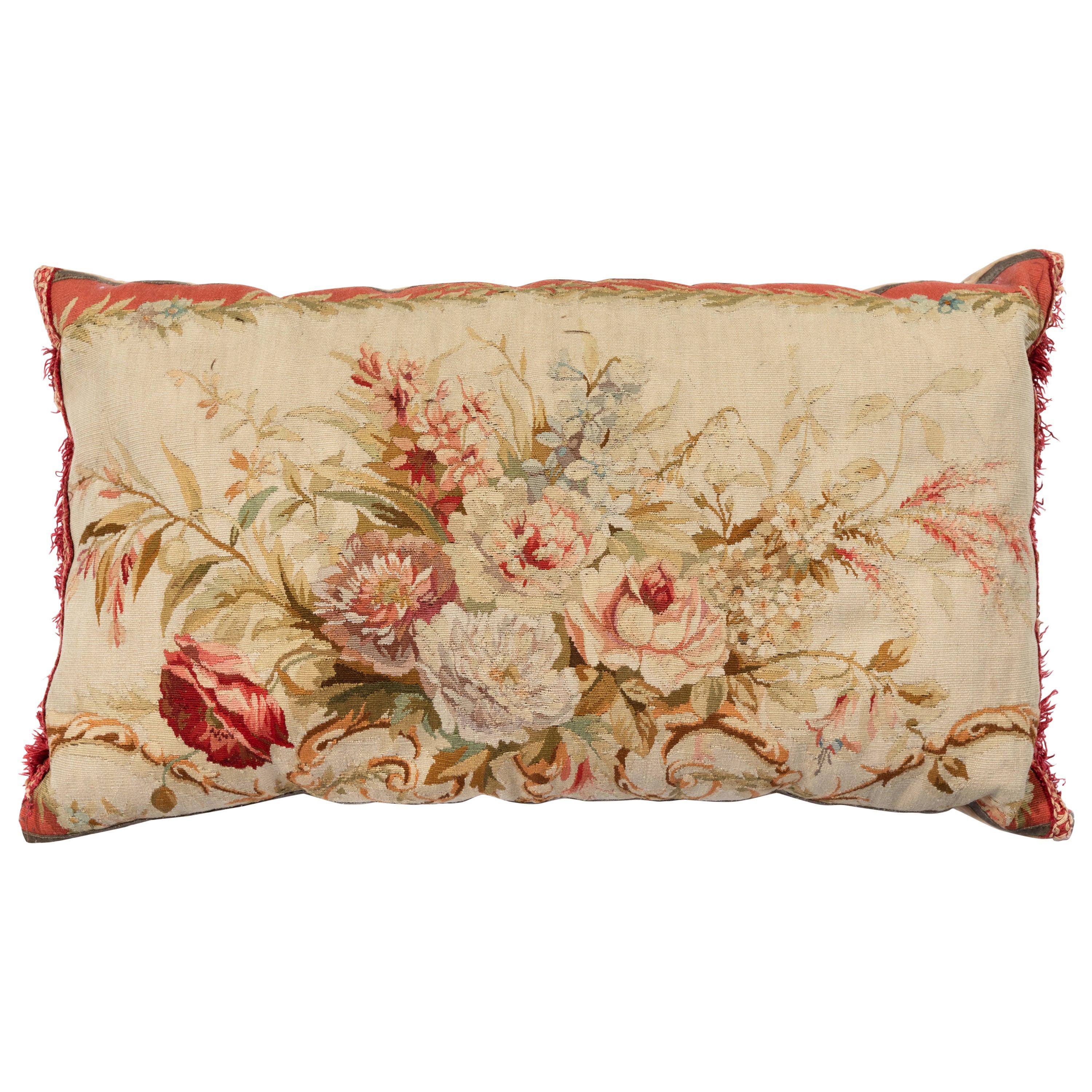 Antique 19th Century French Aubusson Tapestry Lumbar Pillow with