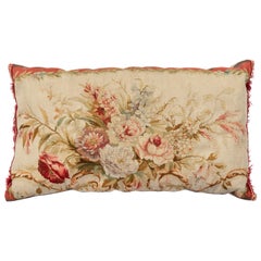 Antique 19th Century French Aubusson Tapestry Lumbar Pillow with Flowers