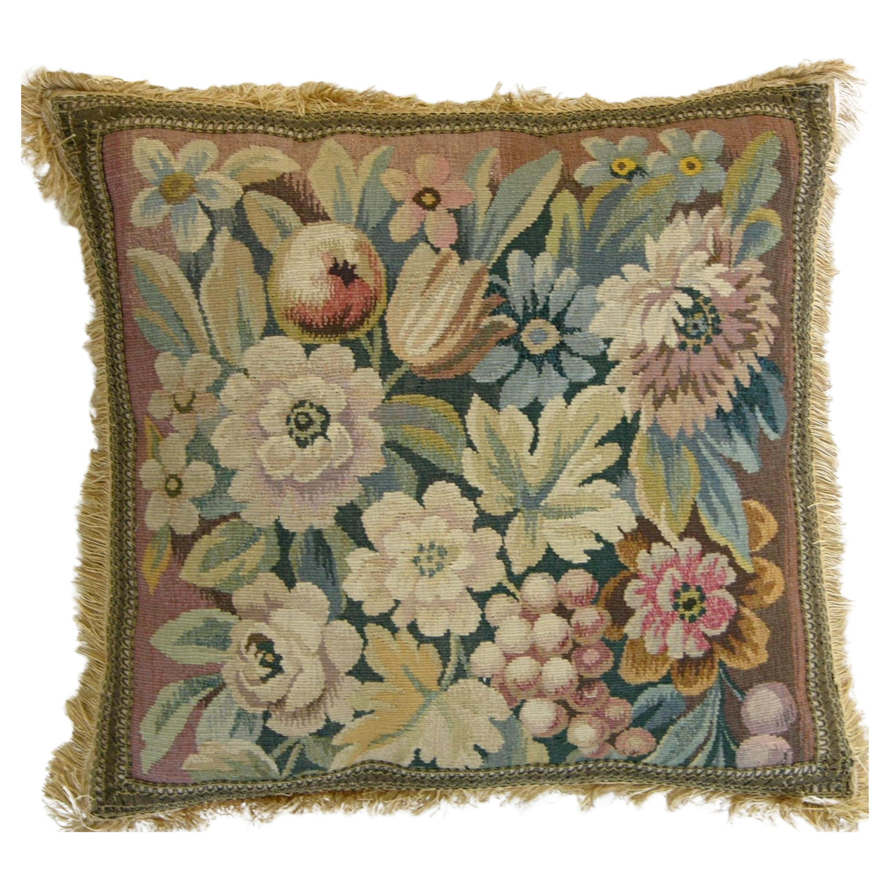 Antique 19th Century French Aubusson Tapestry Pillow - 19'' X 19'' For Sale
