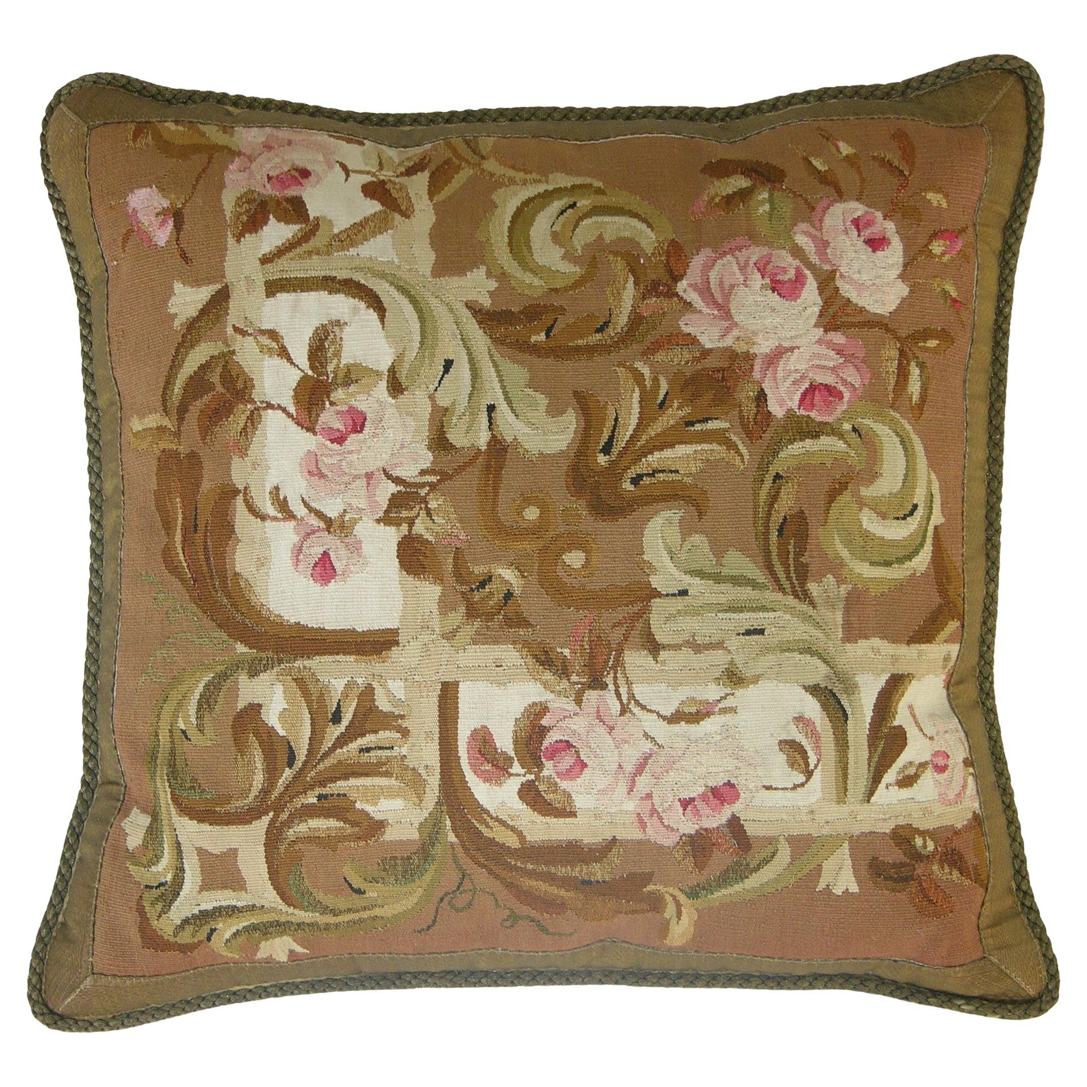 Antique 19th Century French Aubusson Tapestry Pillow - 23'' X 22'' For Sale
