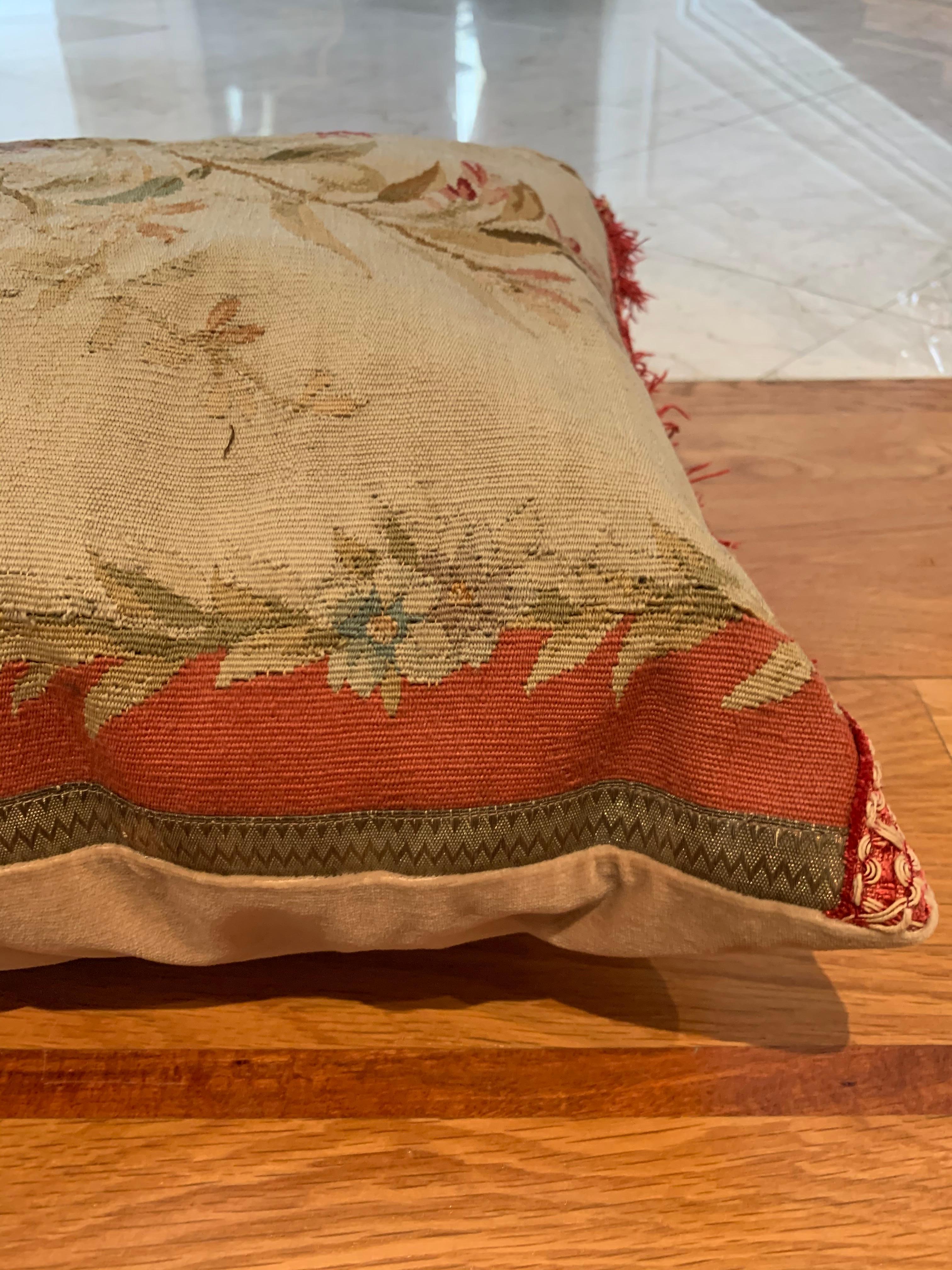 Hand-Woven Antique 19th Century French Aubusson Tapestry Lumbar Pillow with Flowers