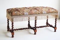 Antique 19th century French Barley Rwisted Bench carved oak embroidery Ottoman