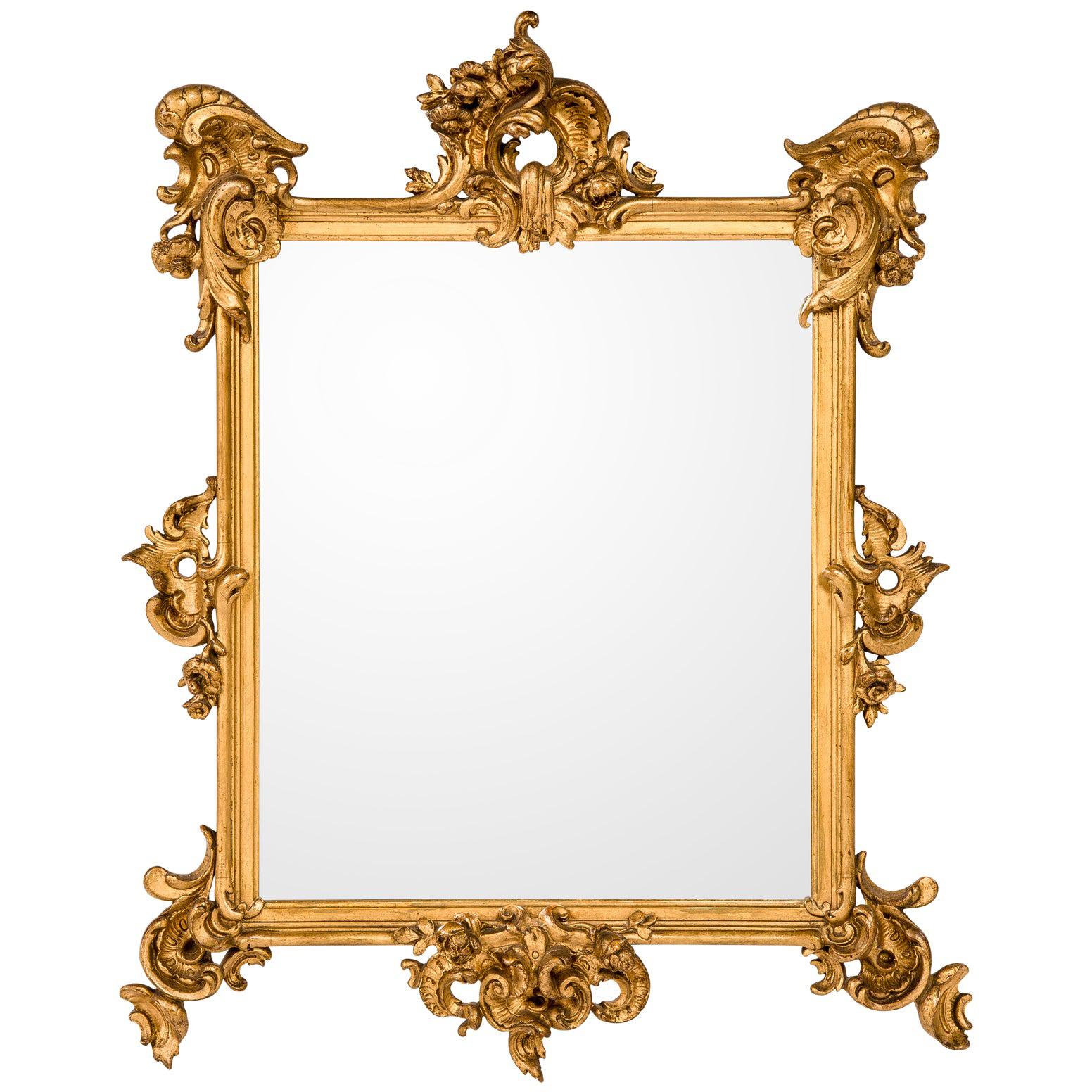 Miroir rectangulaire baroque français ancien du 19ème siècle doré à la feuille d'or