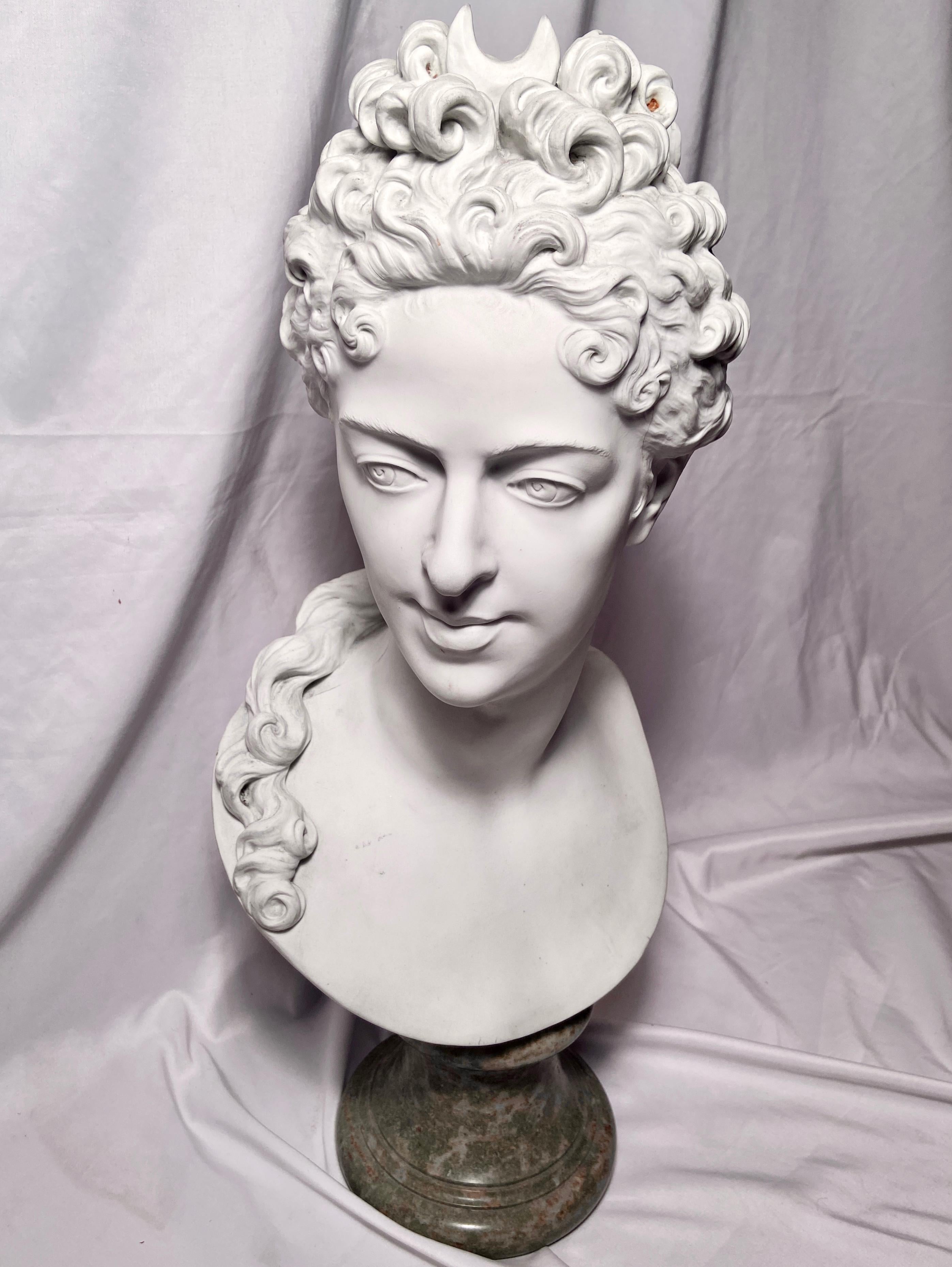 Antique 19th century French bisque porcelain bust of Diana, goddess of the hunt.