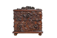 Antique 19th Century French Black Forest Rose Carved Box With Scent Bottles