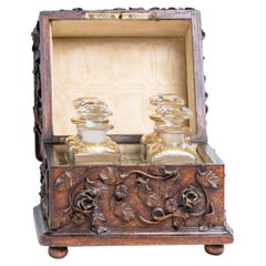 Antique 19th Century French Black Forest Rose Carved Walnut Box & Perfume Bottle