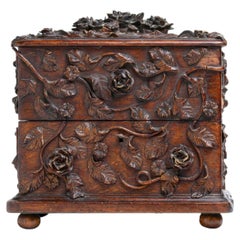 Antique 19th Century French Black Forest Rose Carved Walnut Box & Perfume Bottle