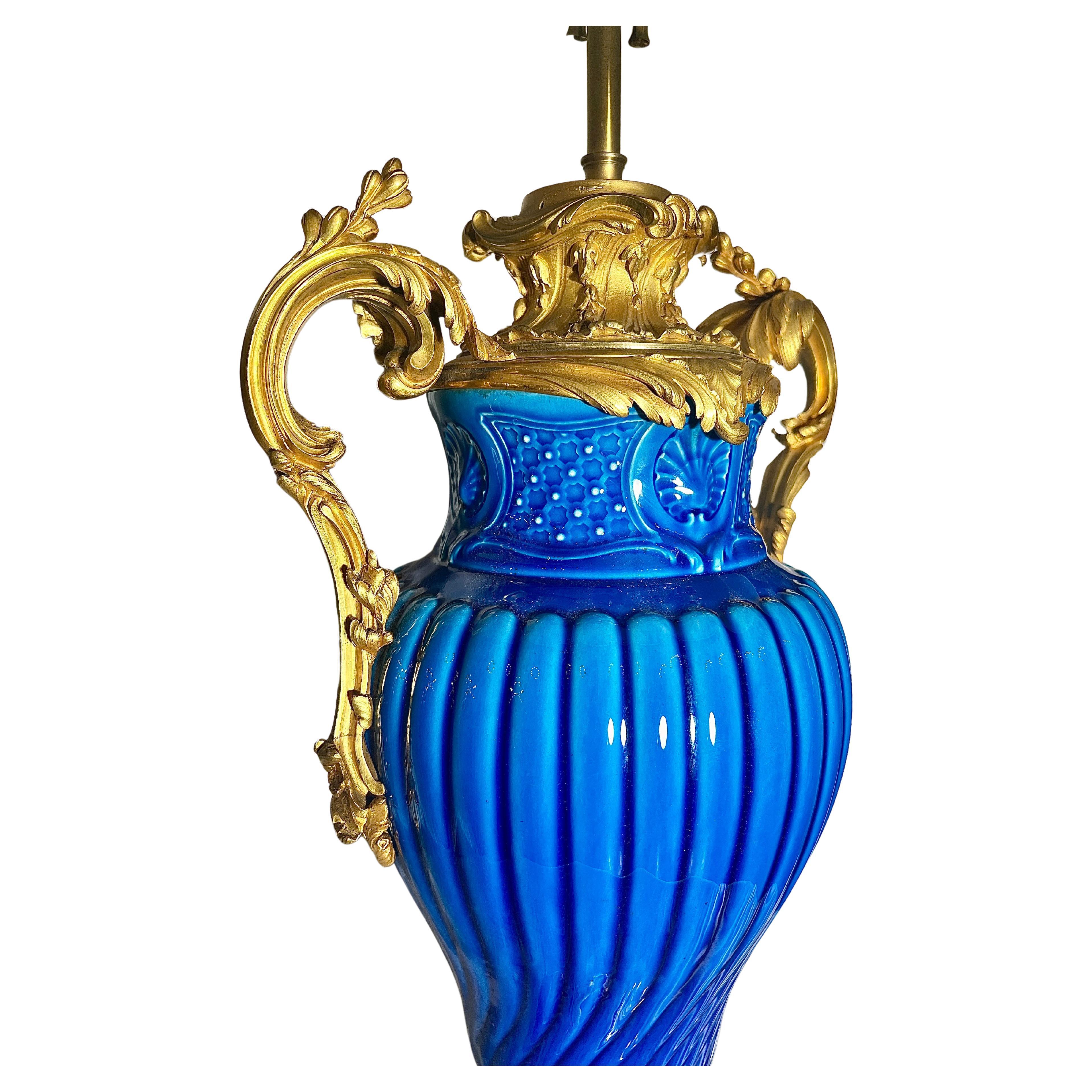 Museum Quality Antique 19th Century French Blue Porcelain Lamp with Ormolu Mounts.