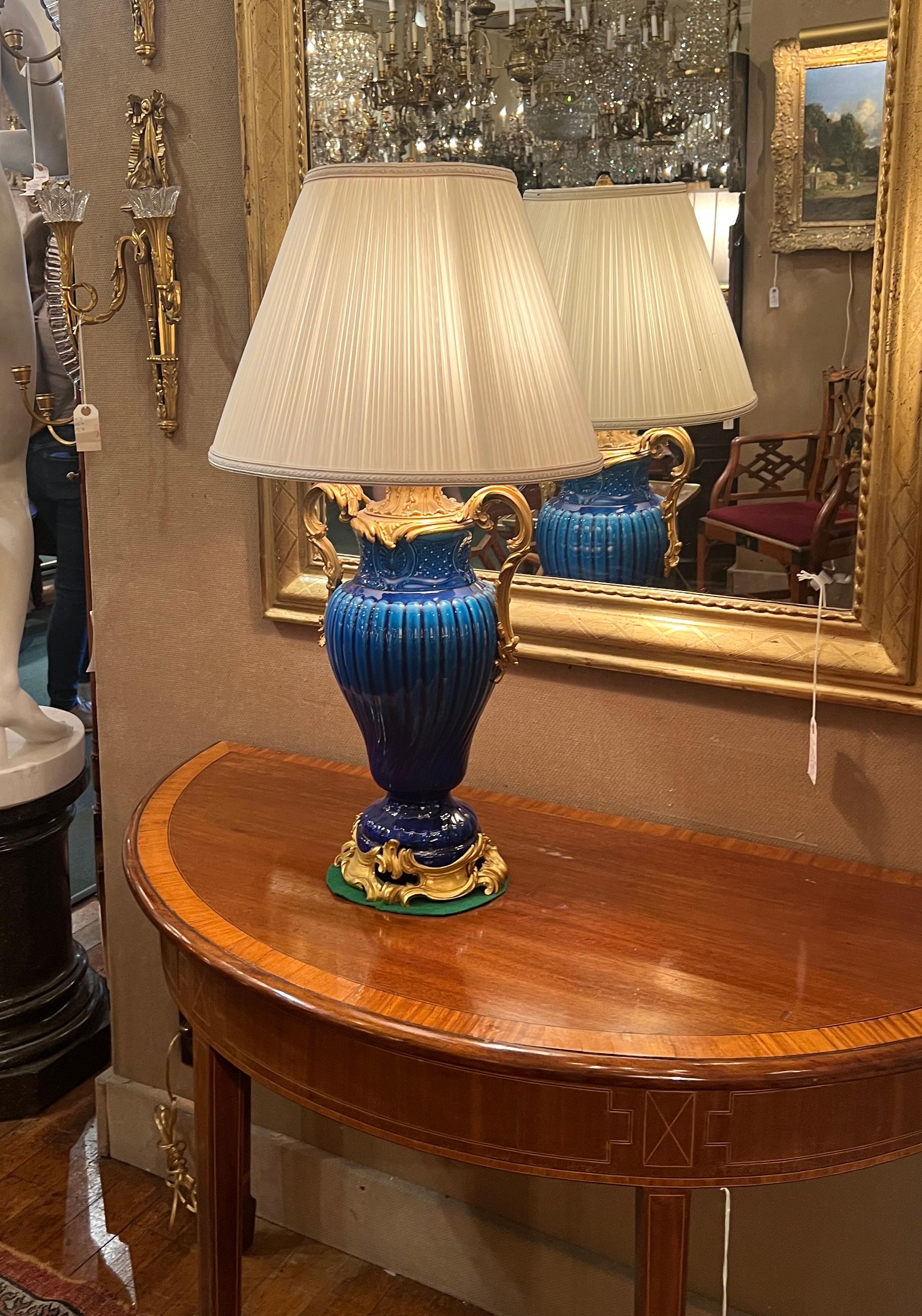 Antique 19th Century French Blue Porcelain Lamp with Ormolu Mounts For Sale 1