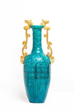 Antiquité - Vase bleu français du 19ème siècle par Théodore Deck