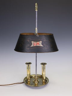 Antique 19th Century French Brass 2-Light Bouillotte Lamp with Hand-Painted Tôle