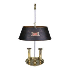 Antique 19th Century French Brass 2-Light Bouillotte Lamp with Hand-Painted Tôle