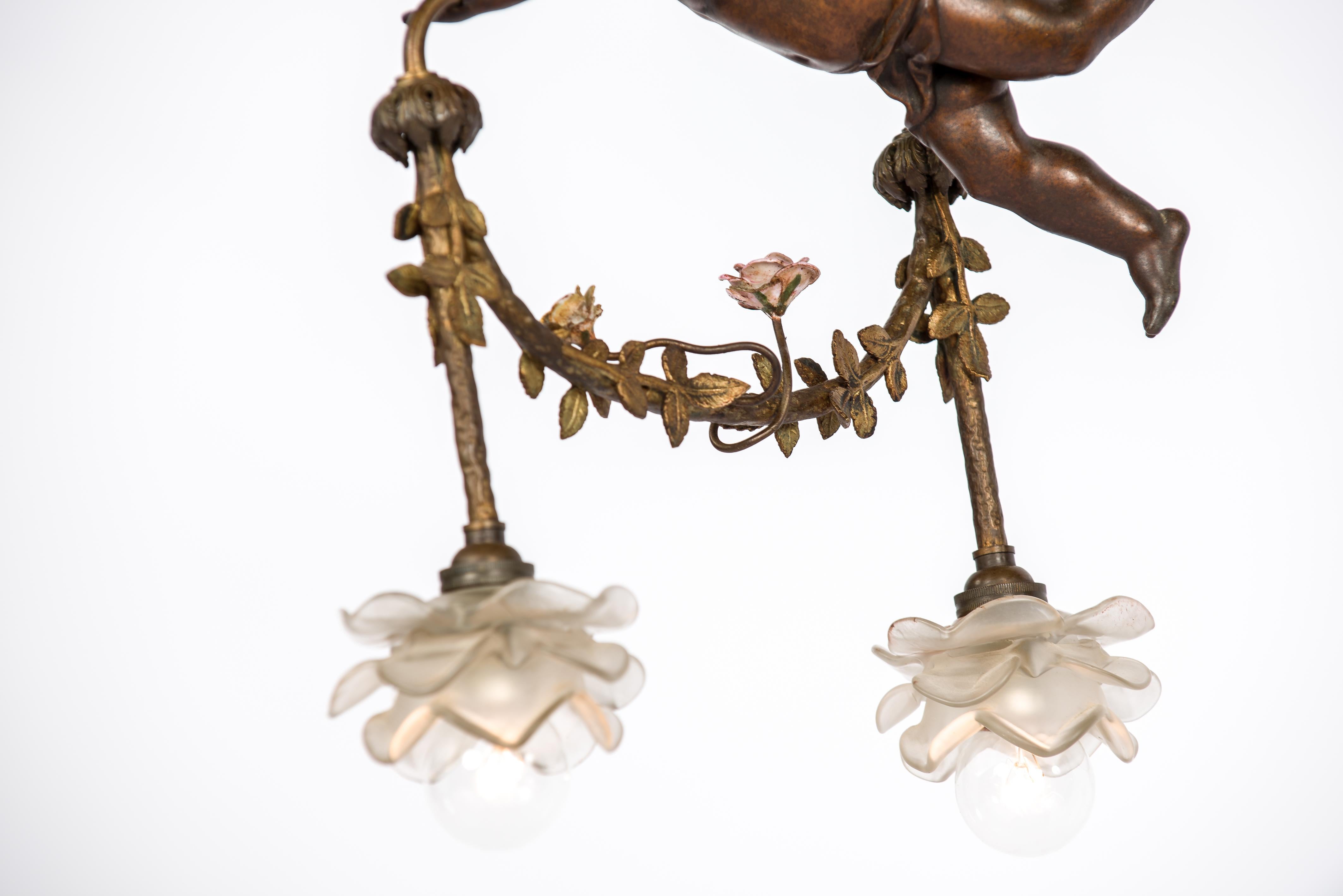 Antique 19th-Century French Brass Angel or Putti Pendant Light with Floral Garla 6