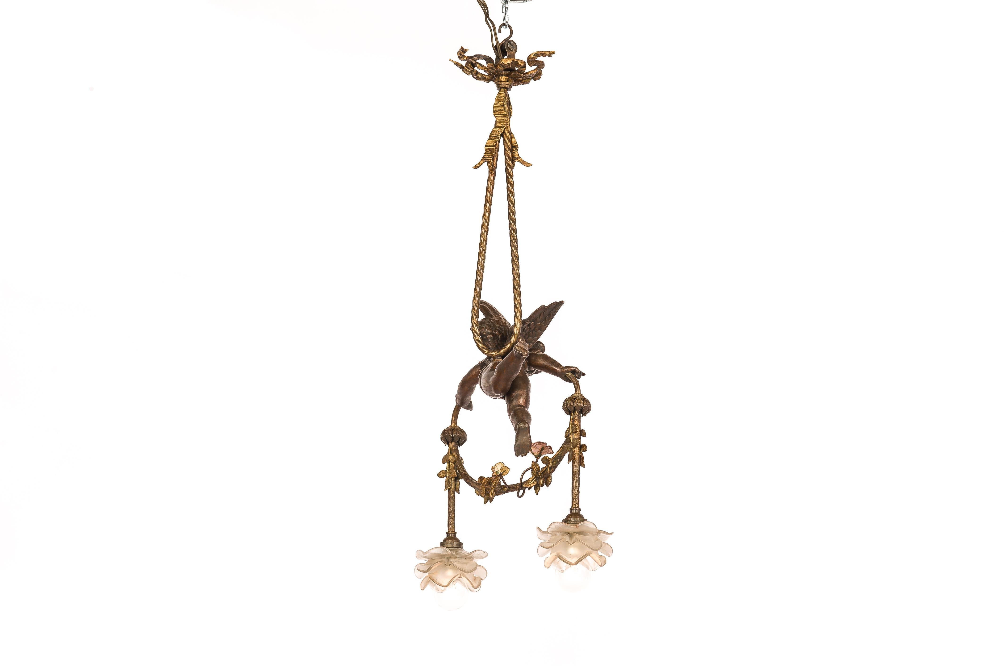 19th Century Antique 19th-Century French Brass Angel or Putti Pendant Light with Floral Garla
