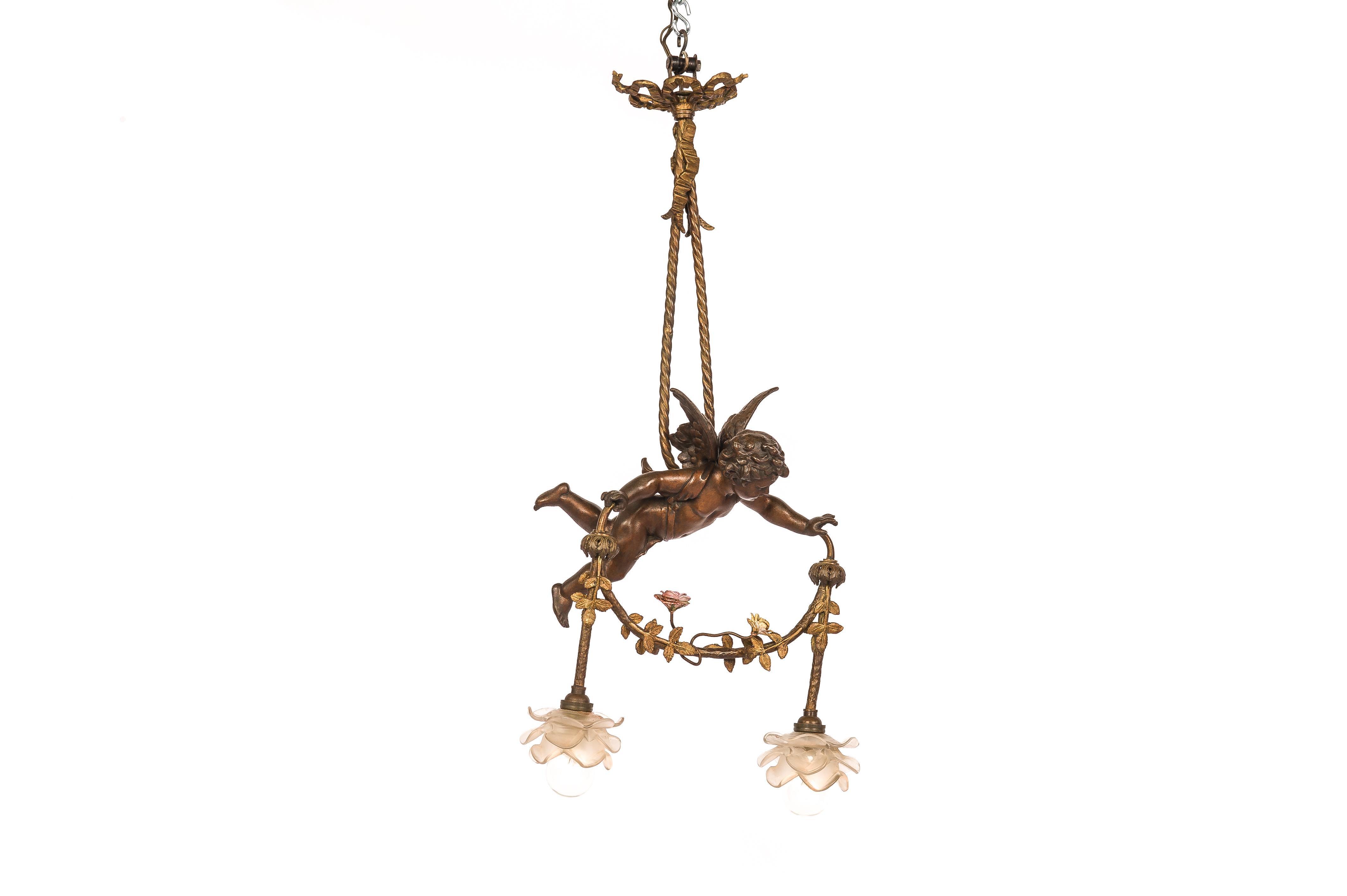 Bronze Antique 19th-Century French Brass Angel or Putti Pendant Light with Floral Garla