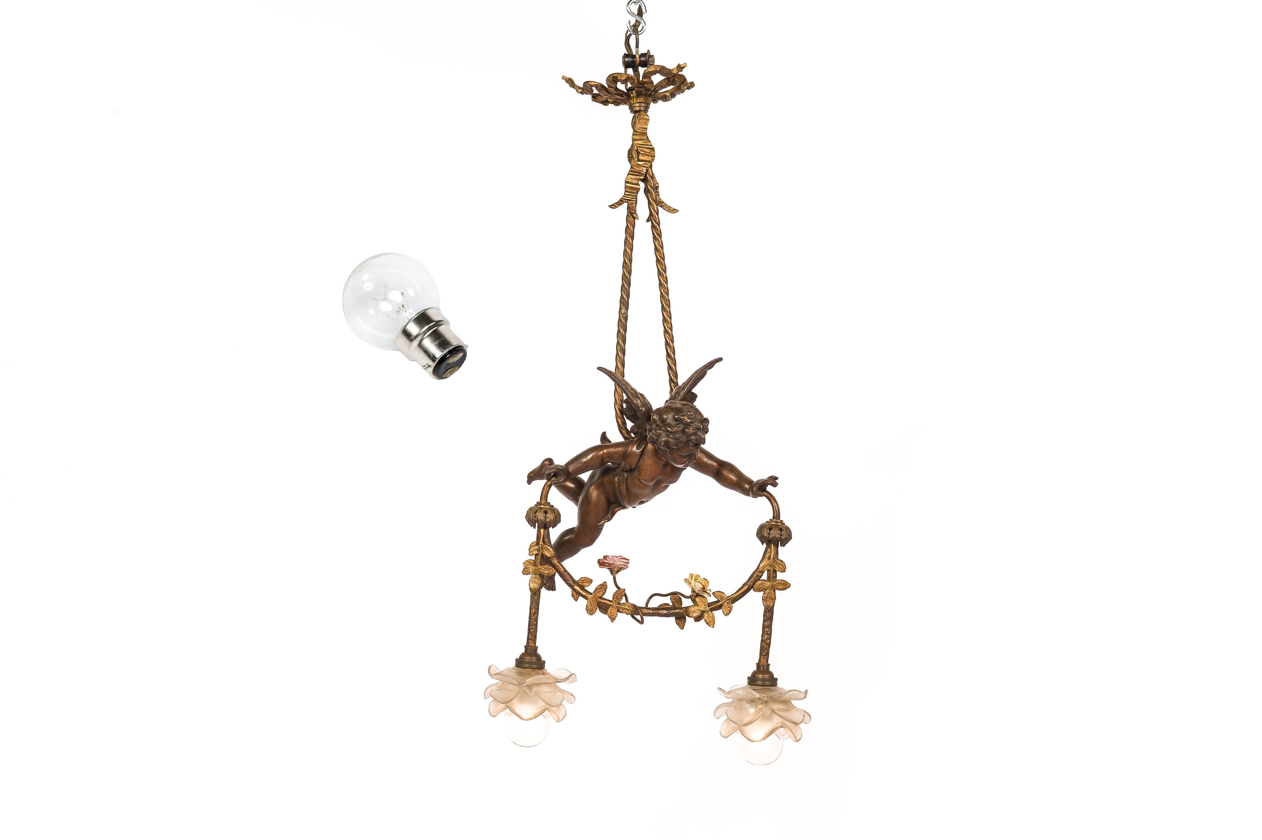Antique 19th-Century French Brass Angel or Putti Pendant Light with Floral Garla 1
