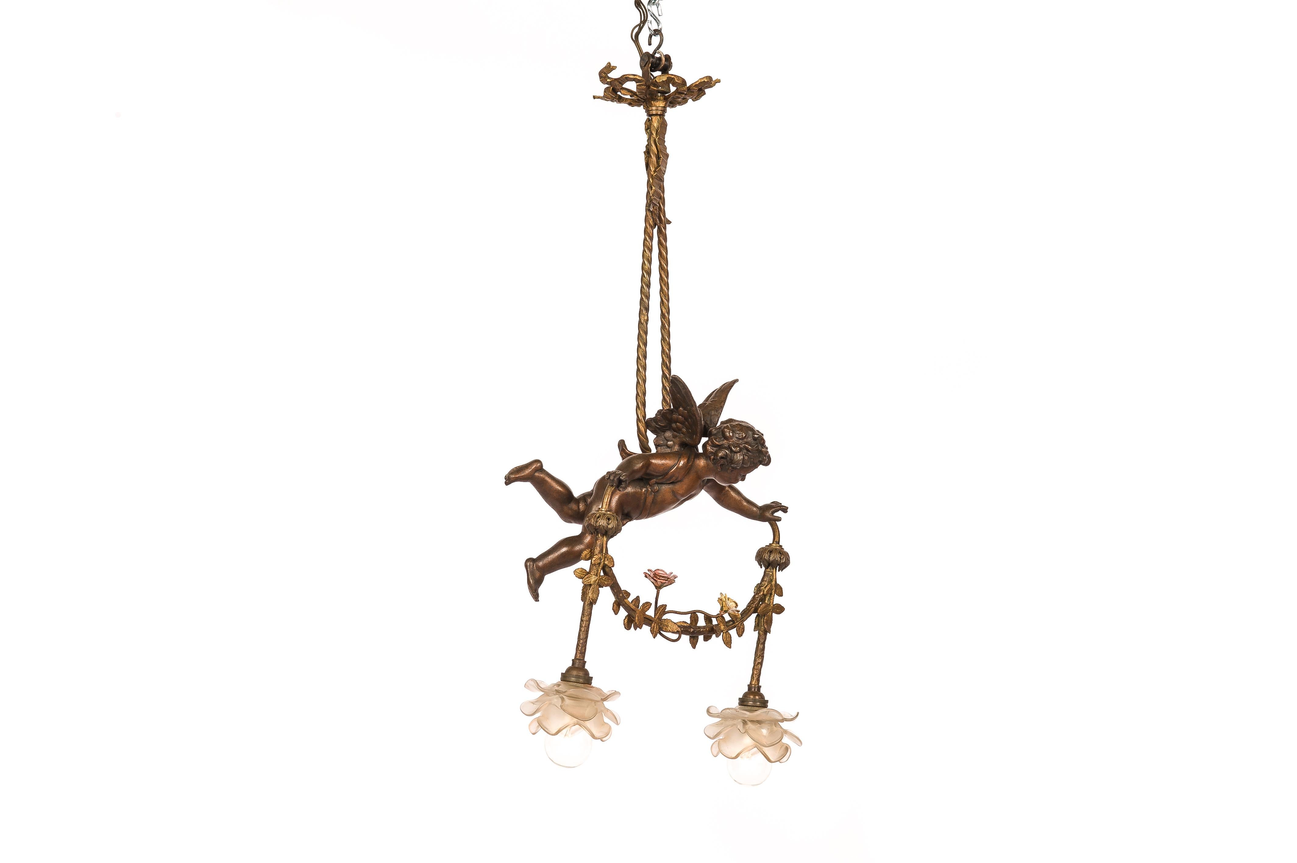 Antique 19th-Century French Brass Angel or Putti Pendant Light with Floral Garla 2