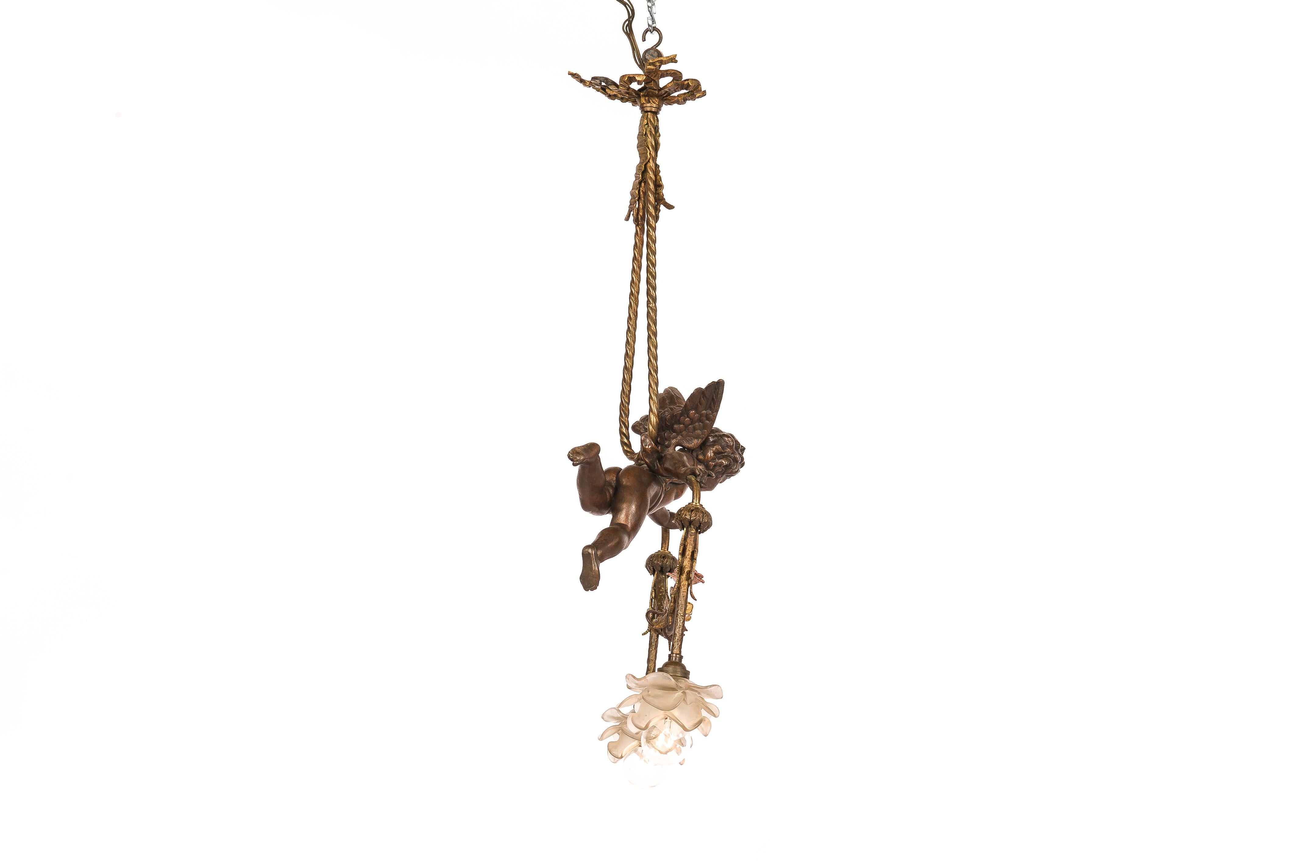Antique 19th-Century French Brass Angel or Putti Pendant Light with Floral Garla 3
