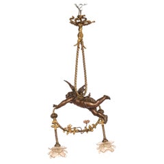 Antique 19th-Century French Brass Angel or Putti Pendant Light with Floral Garla
