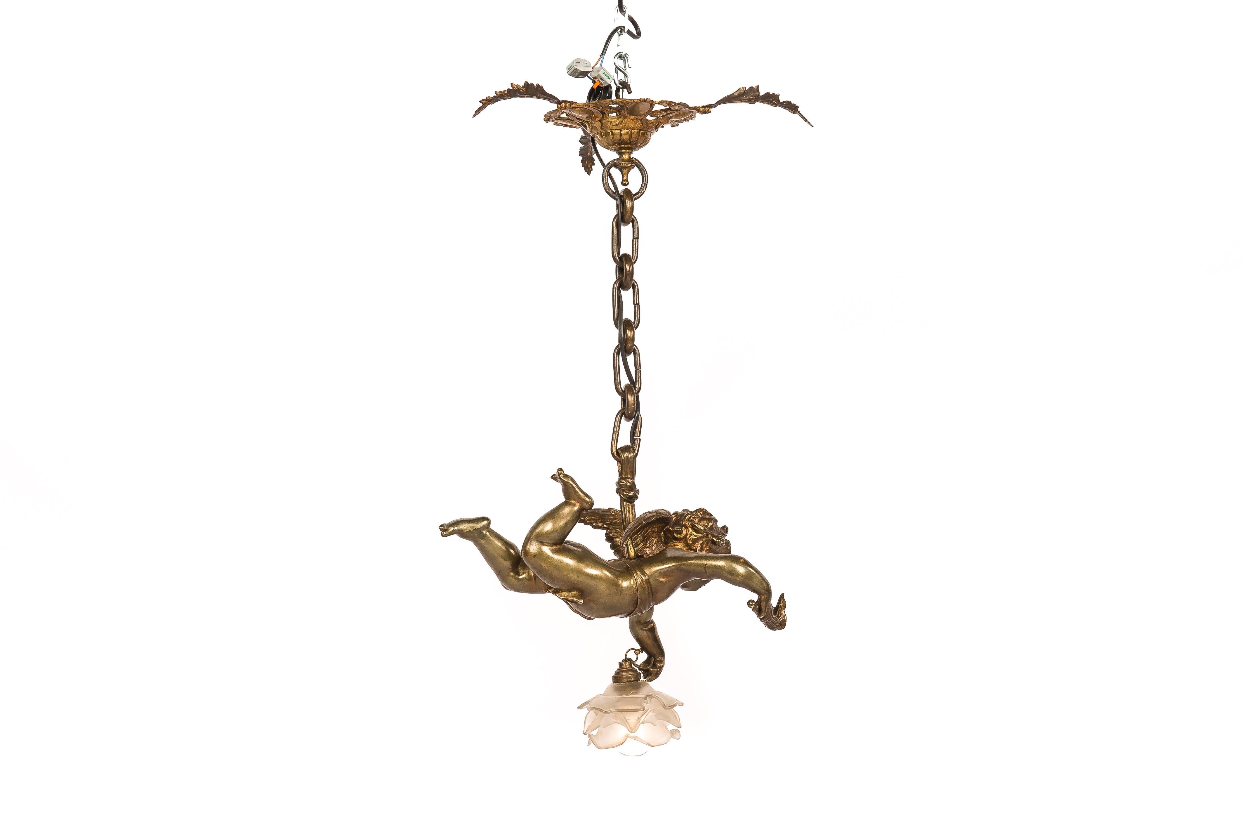 Antique 19th-Century French Brass Angel or Putti Pendant Light with Glass Rose In Good Condition In Casteren, NL