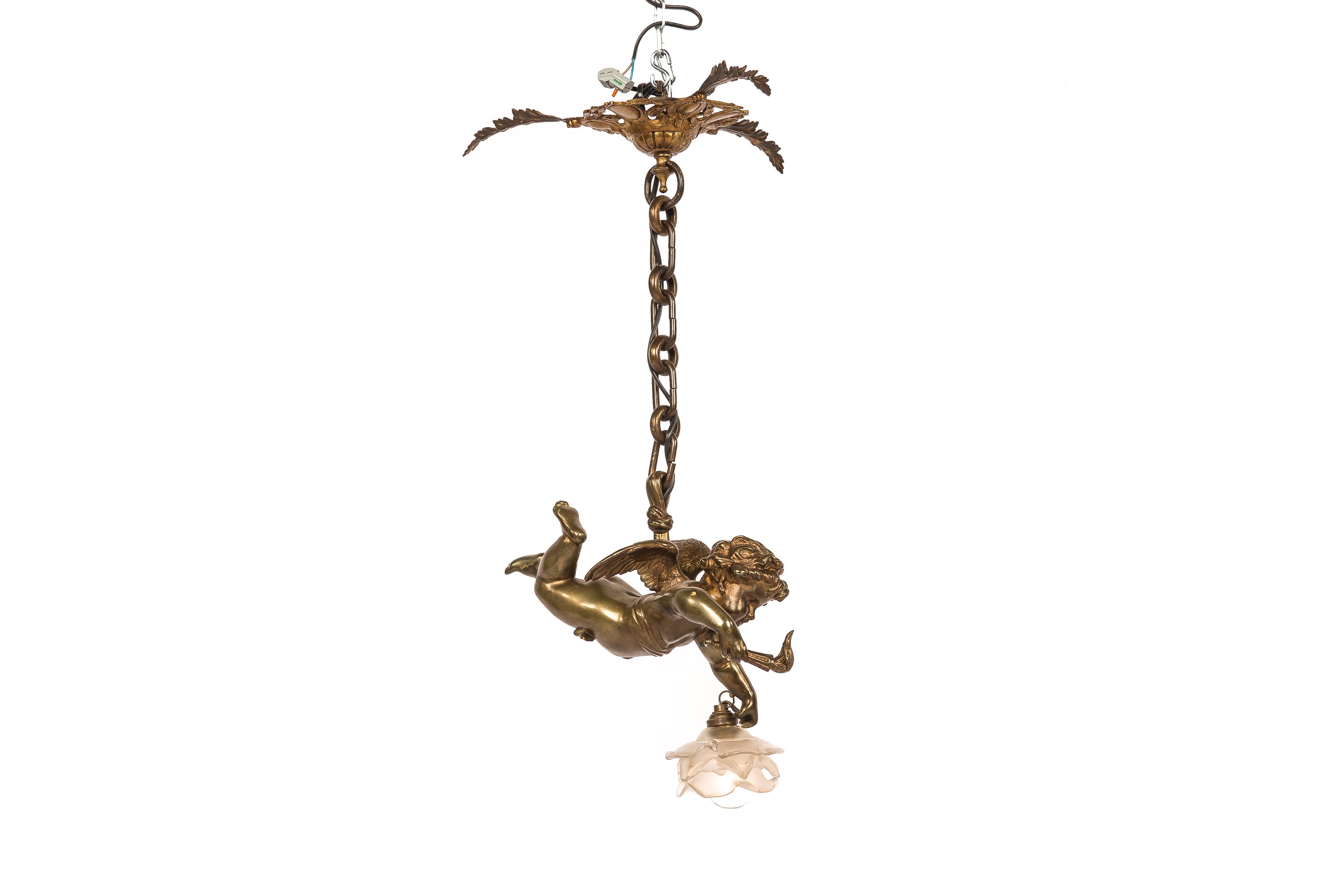 19th Century Antique 19th-Century French Brass Angel or Putti Pendant Light with Glass Rose
