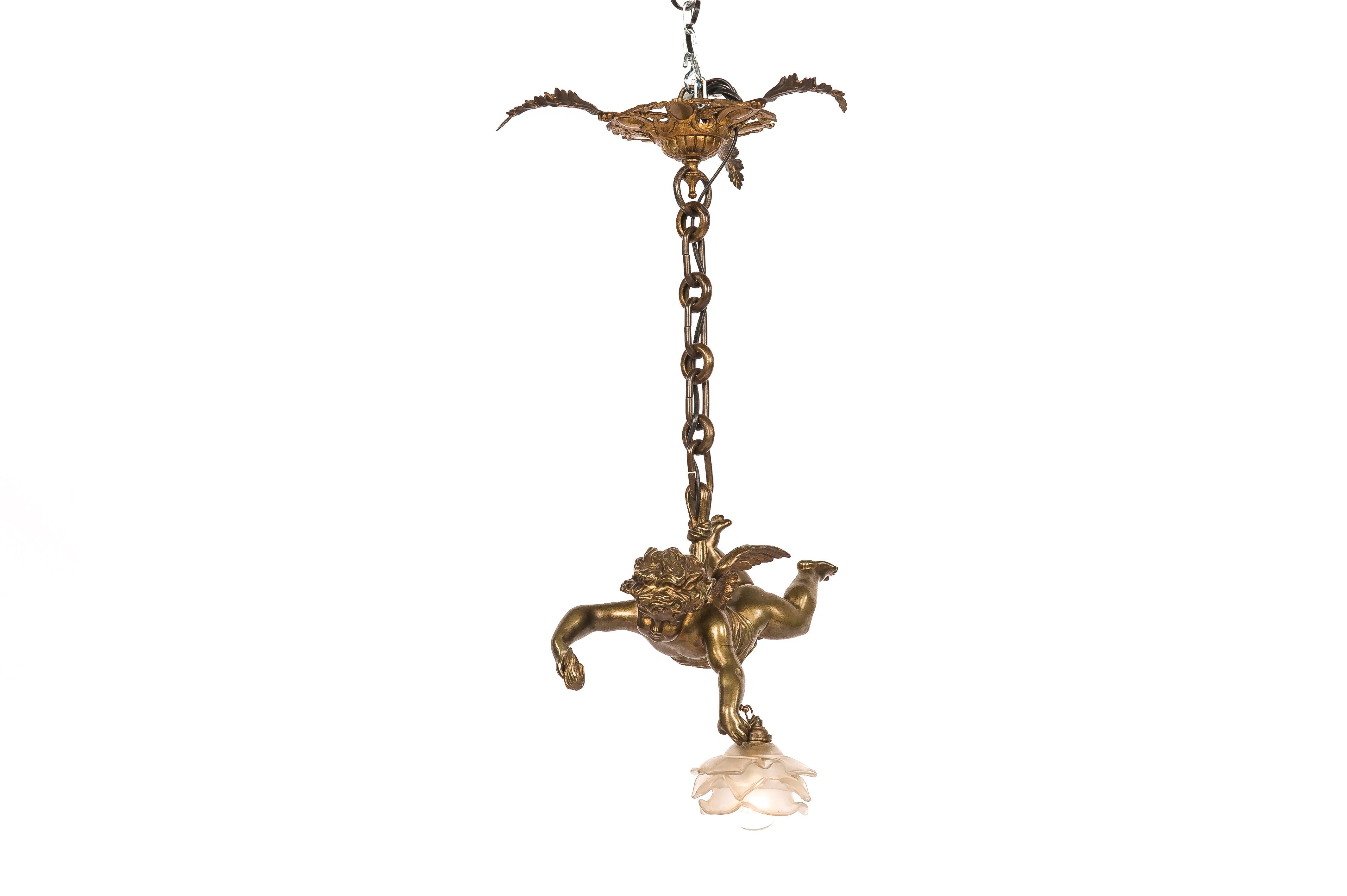 Antique 19th-Century French Brass Angel or Putti Pendant Light with Glass Rose 2
