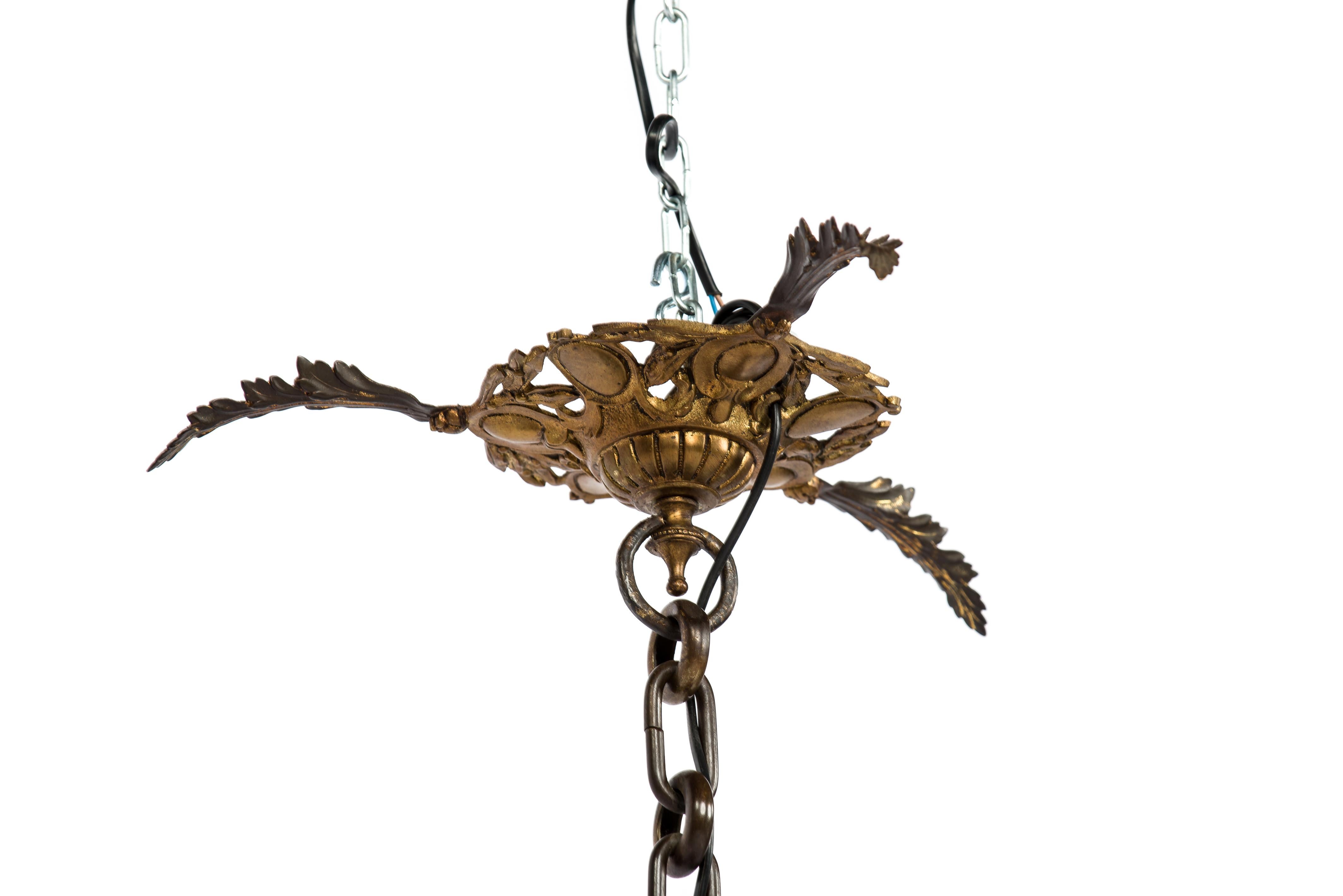 Antique 19th-Century French Brass Angel or Putti Pendant Light with Glass Rose 3
