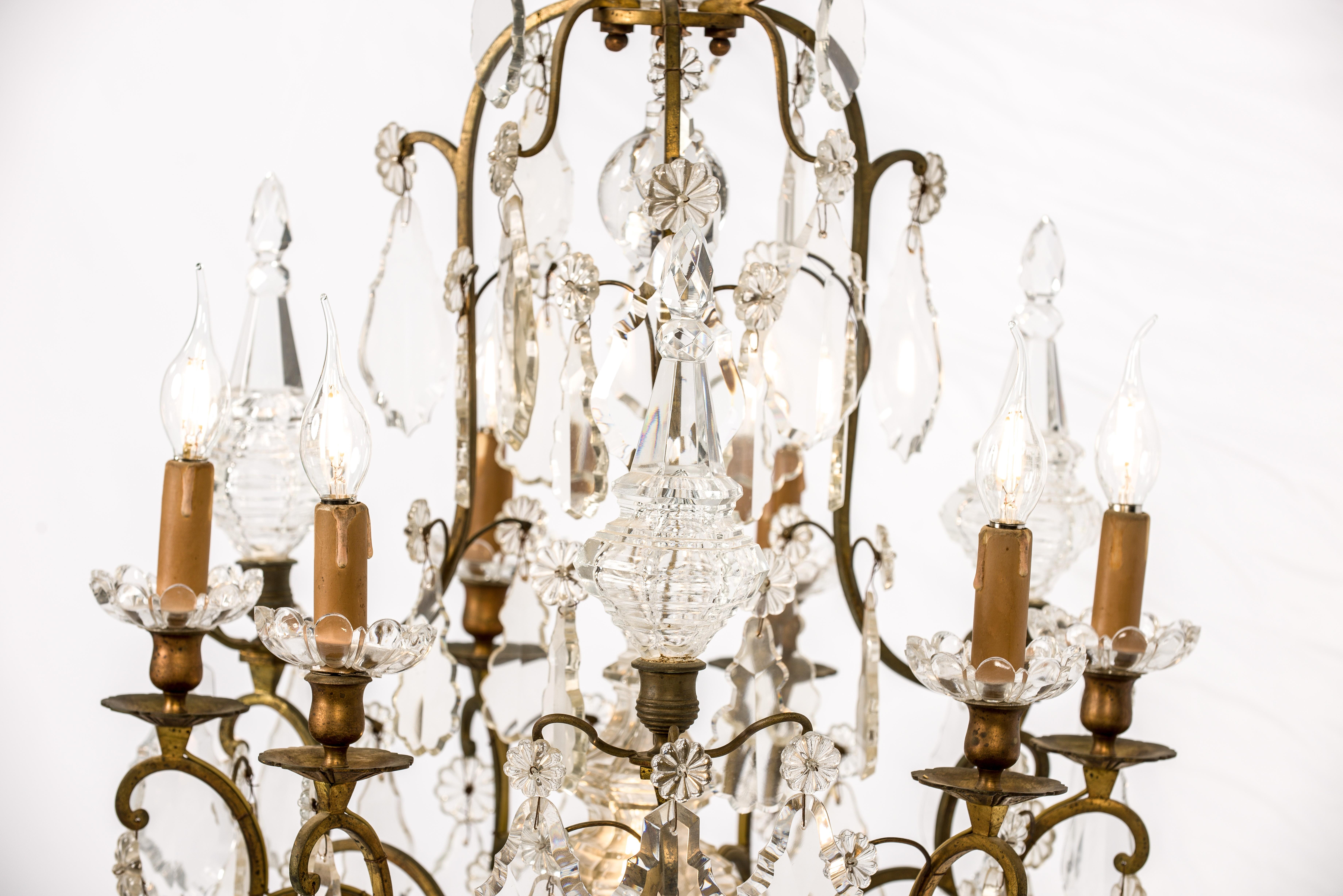 Antique 19th Century French Brass Chandelier with Cut Crystal Ornaments 7
