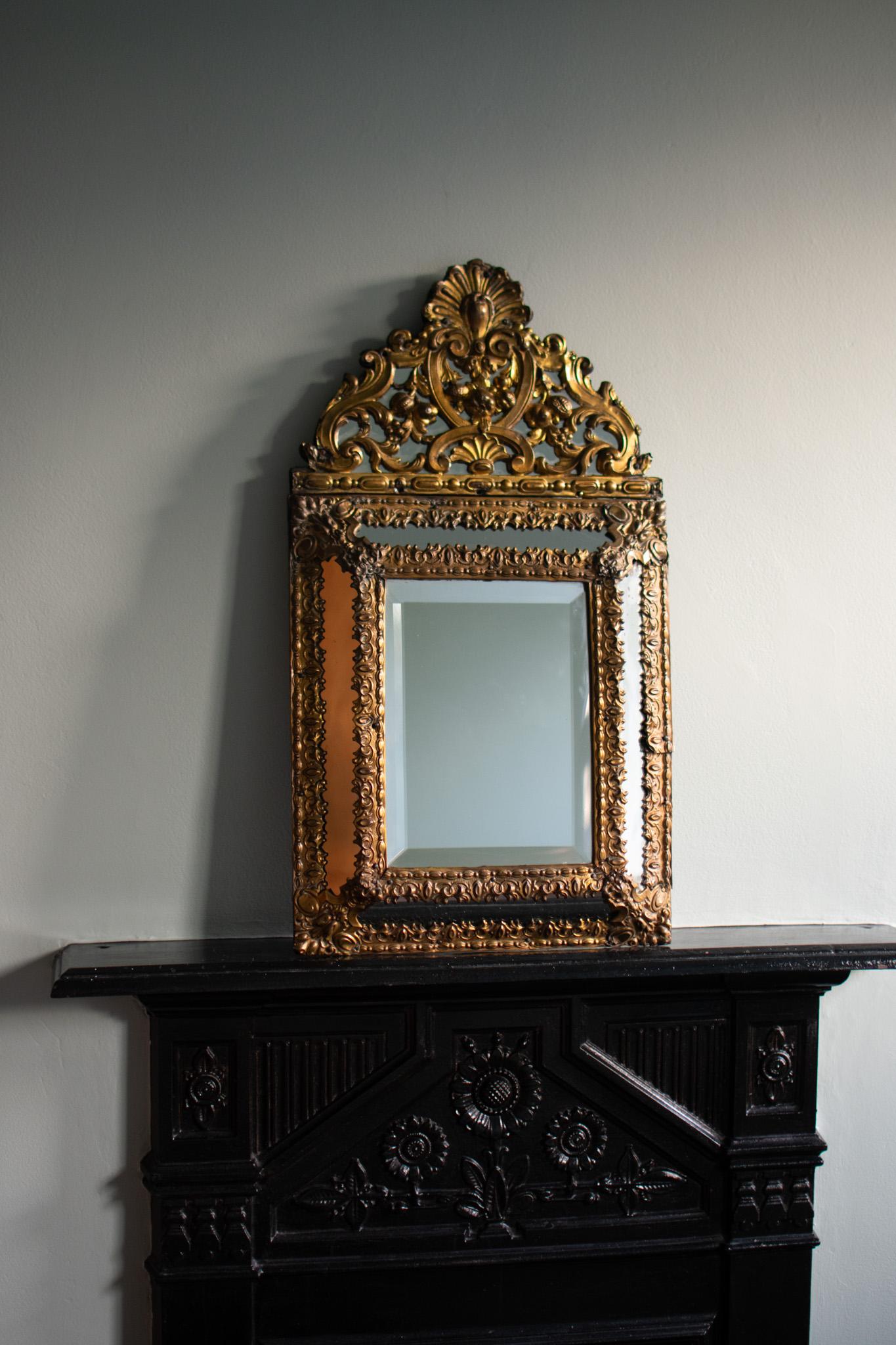 Antique 19th Century French Brass Repousse Mirror In Fair Condition In Portland, England