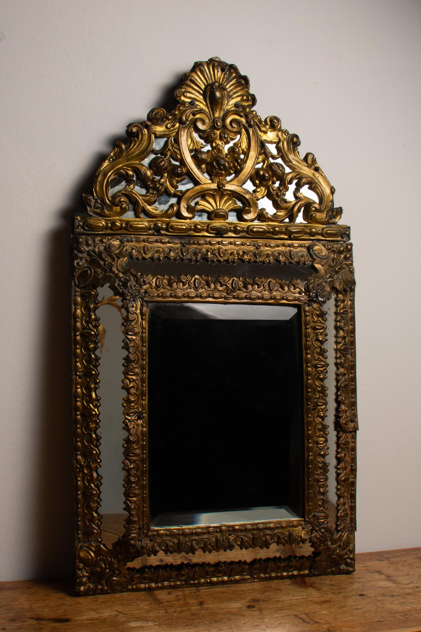 Baroque Antique 19th Century French Brass Repousse Mirror