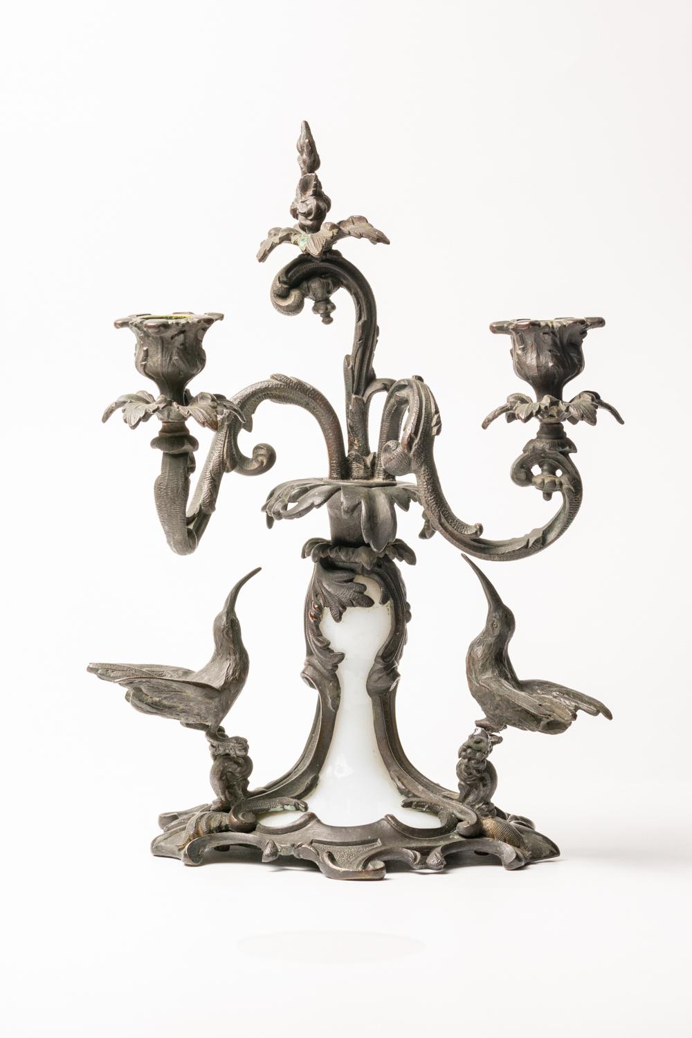Art Nouveau Antique 19th Century French Bronze and Glass Opaline Candlesticks For Sale