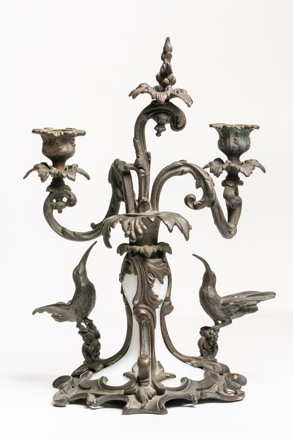 Antique 19th Century French Bronze and Glass Opaline Candlesticks For Sale 4