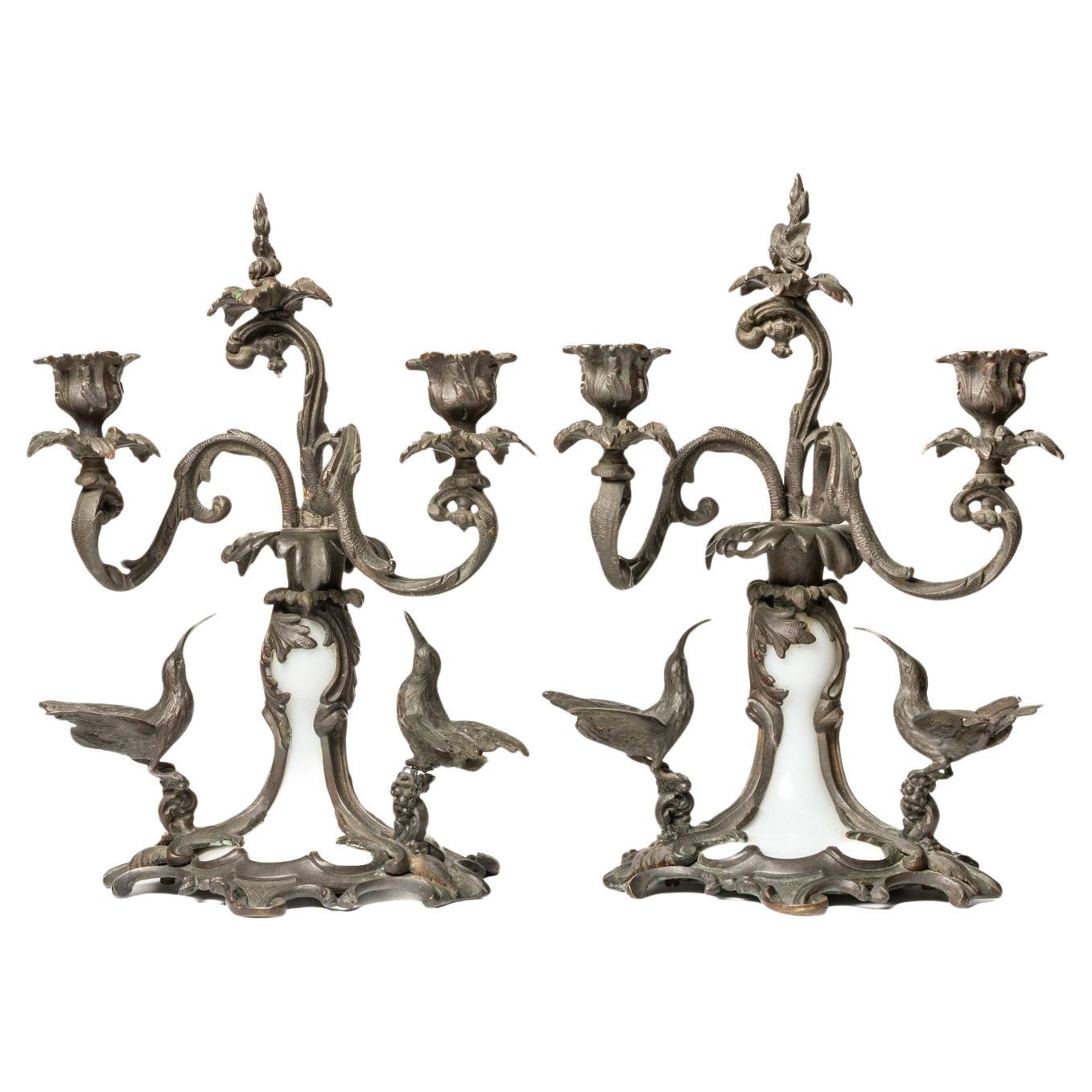 Antique 19th Century French Bronze and Glass Opaline Candlesticks For Sale