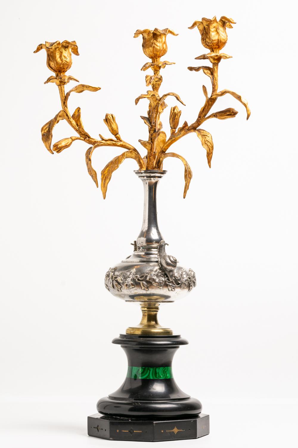 French Cut A 19th century French Bronze and Malachite Candelabra  For Sale