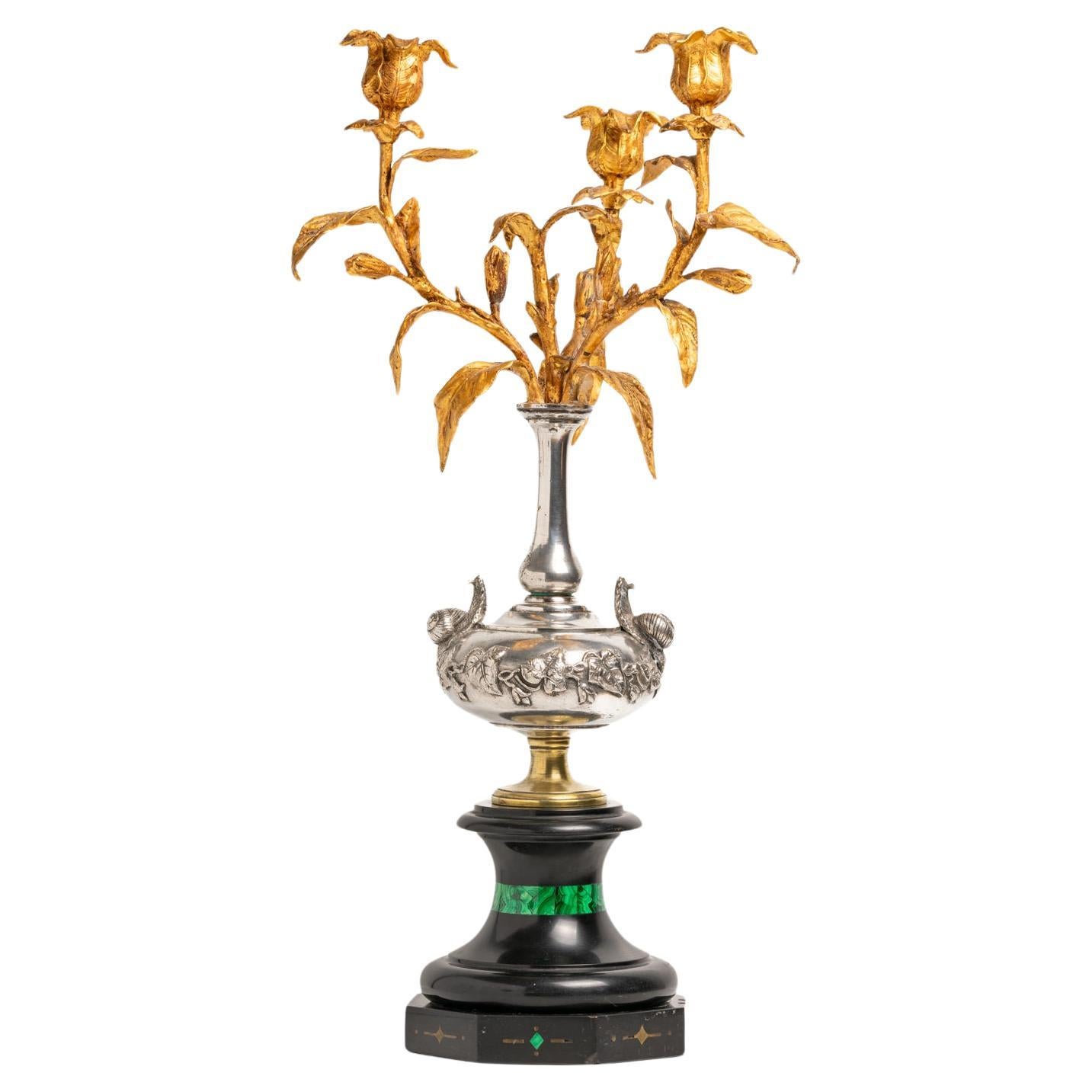 A 19th century French Bronze and Malachite Candelabra  For Sale