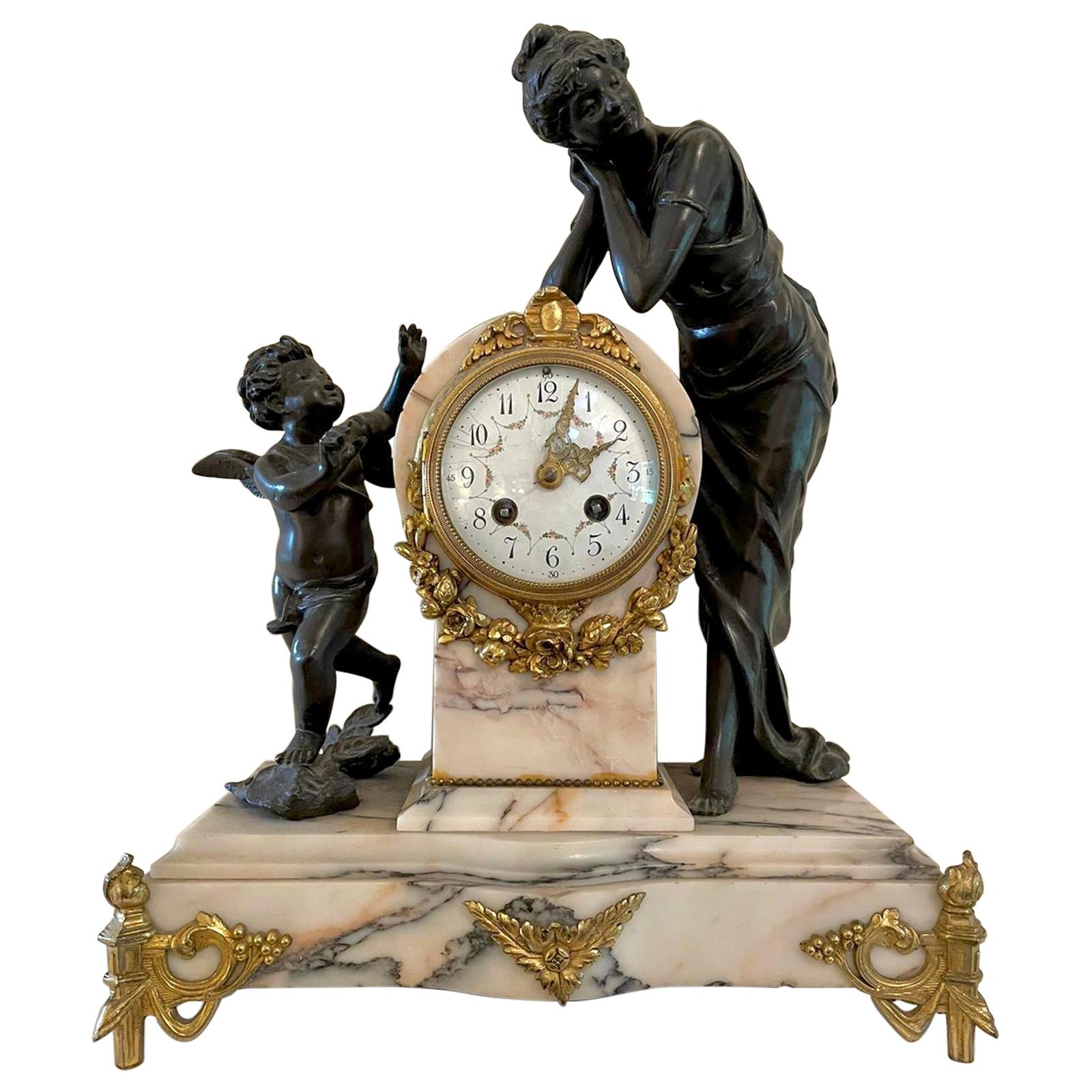 Antique 19th Century French Bronze Ormolu and Marble 8 Day Striking Mantel Clock For Sale