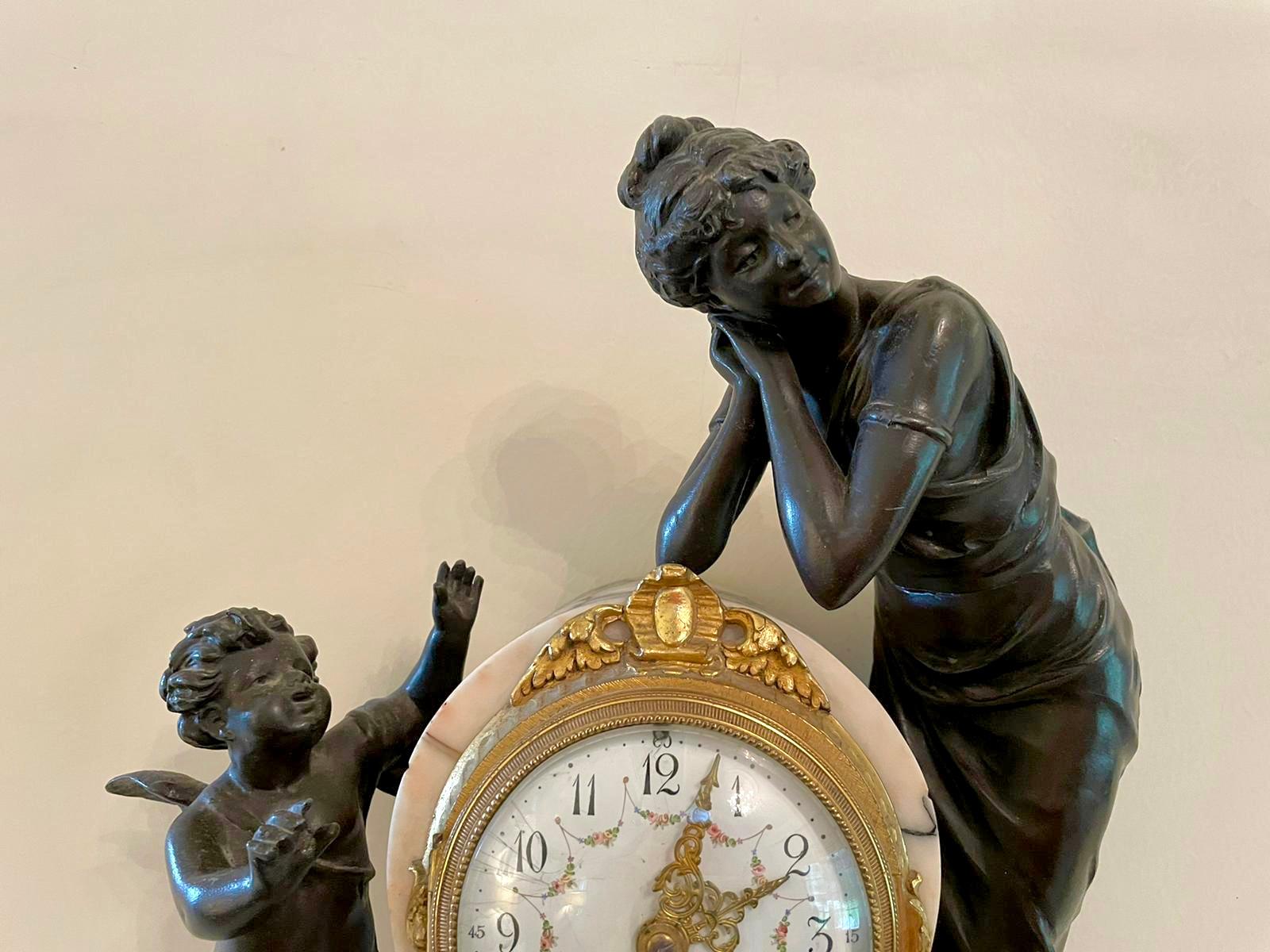 High Victorian Antique 19th Century French Bronze Ormolu and Marble 8 Day Striking Mantel Clock For Sale