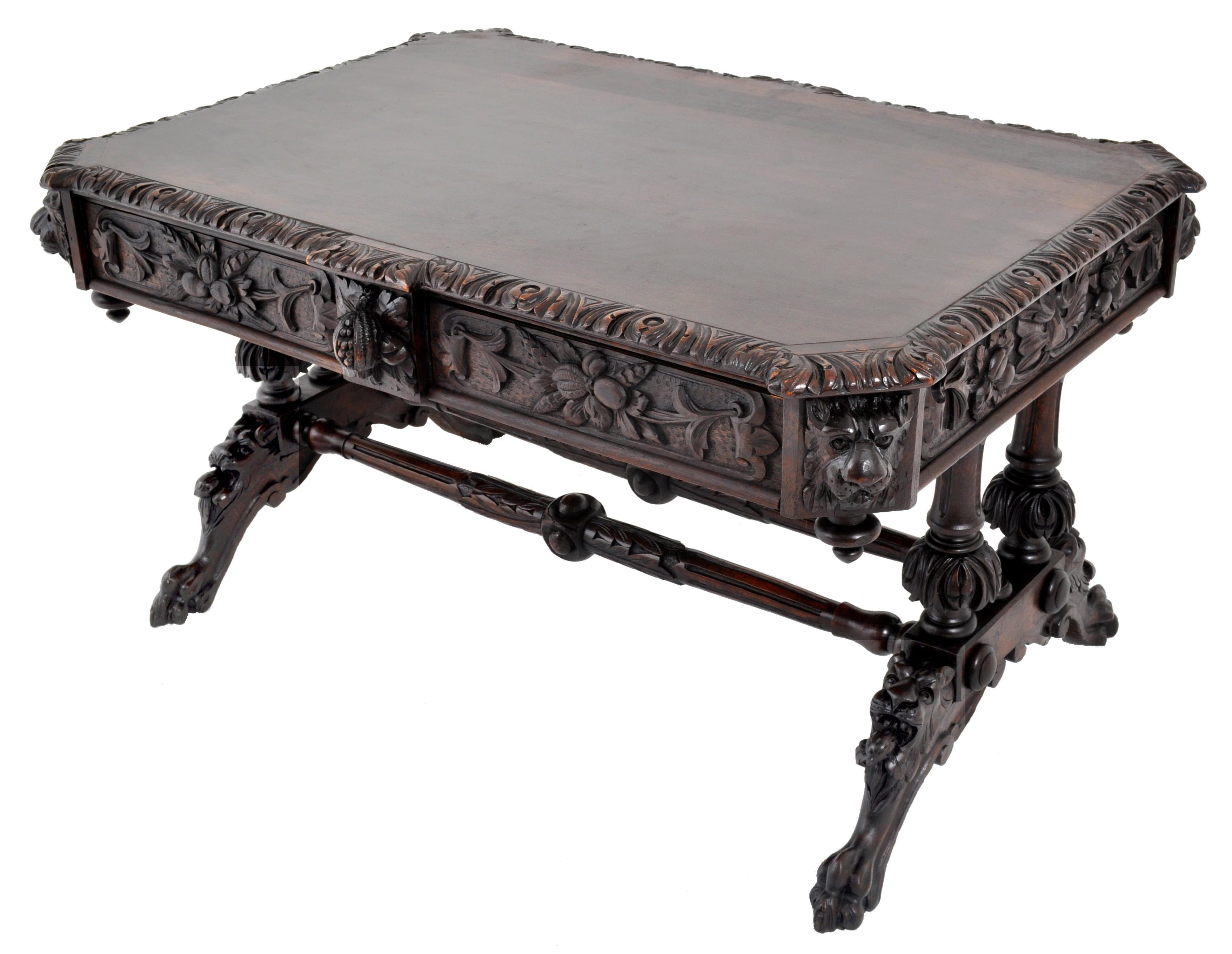 Baroque Antique 19th Century French Carved Oak Library Table, circa 1860