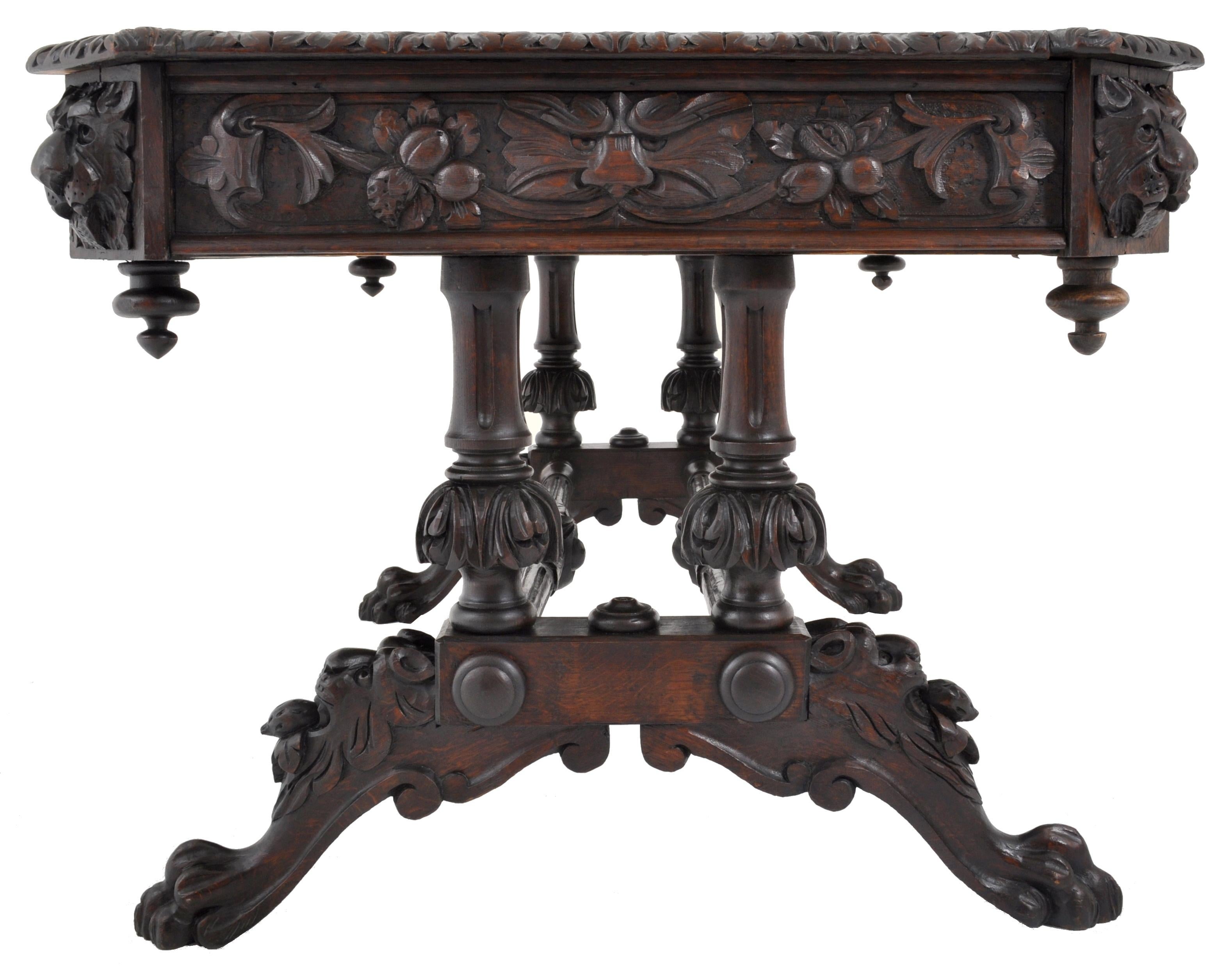 Antique 19th Century French Carved Oak Library Table, circa 1860 In Good Condition In Portland, OR