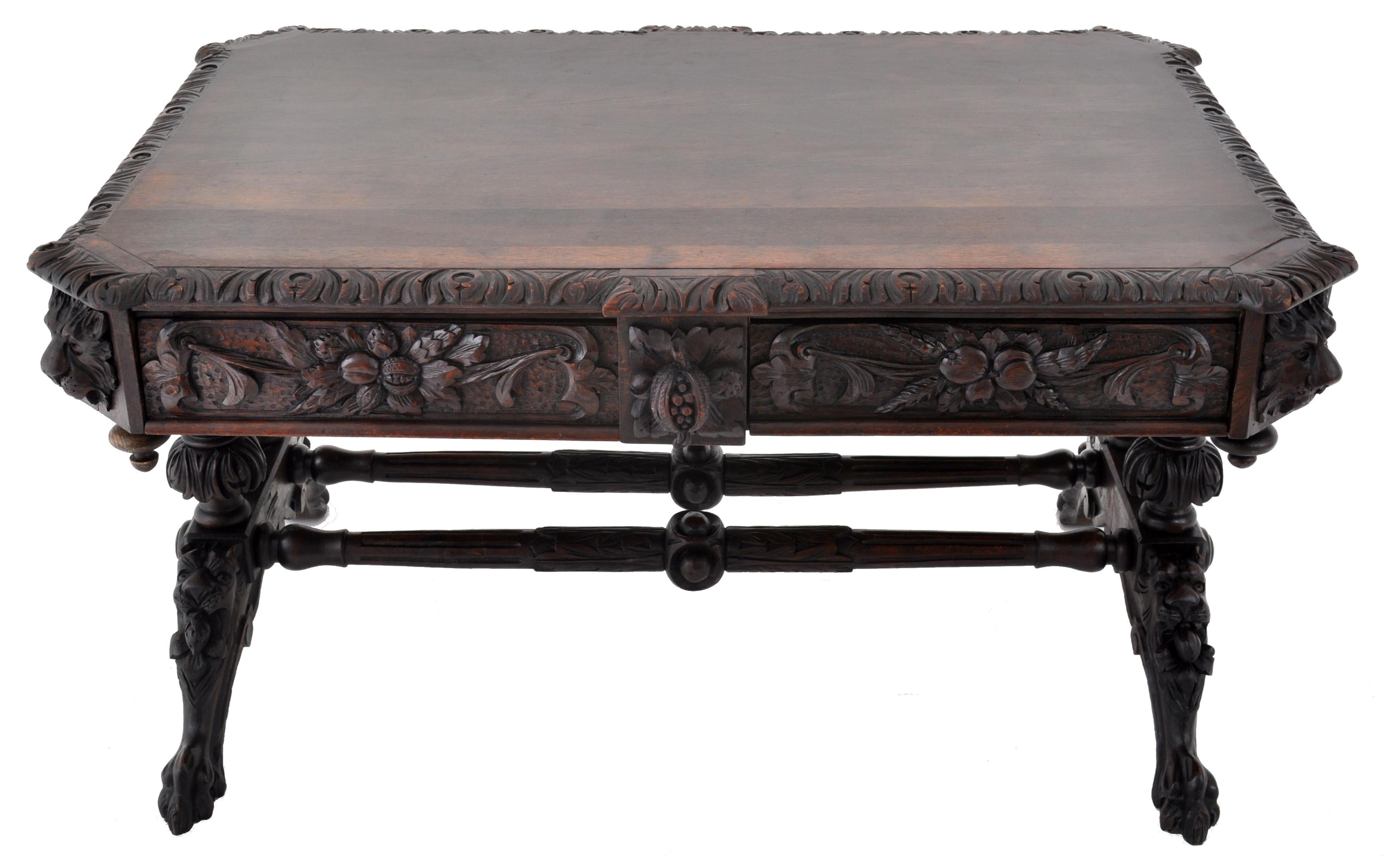 Antique 19th Century French Carved Oak Library Table, circa 1860 3