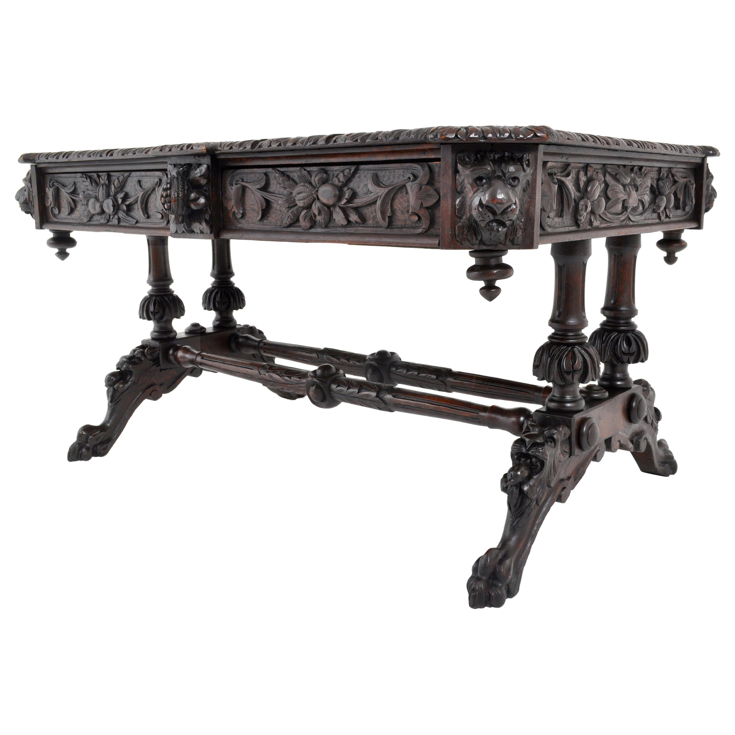 Antique 19th Century French Carved Oak Library Table, circa 1860