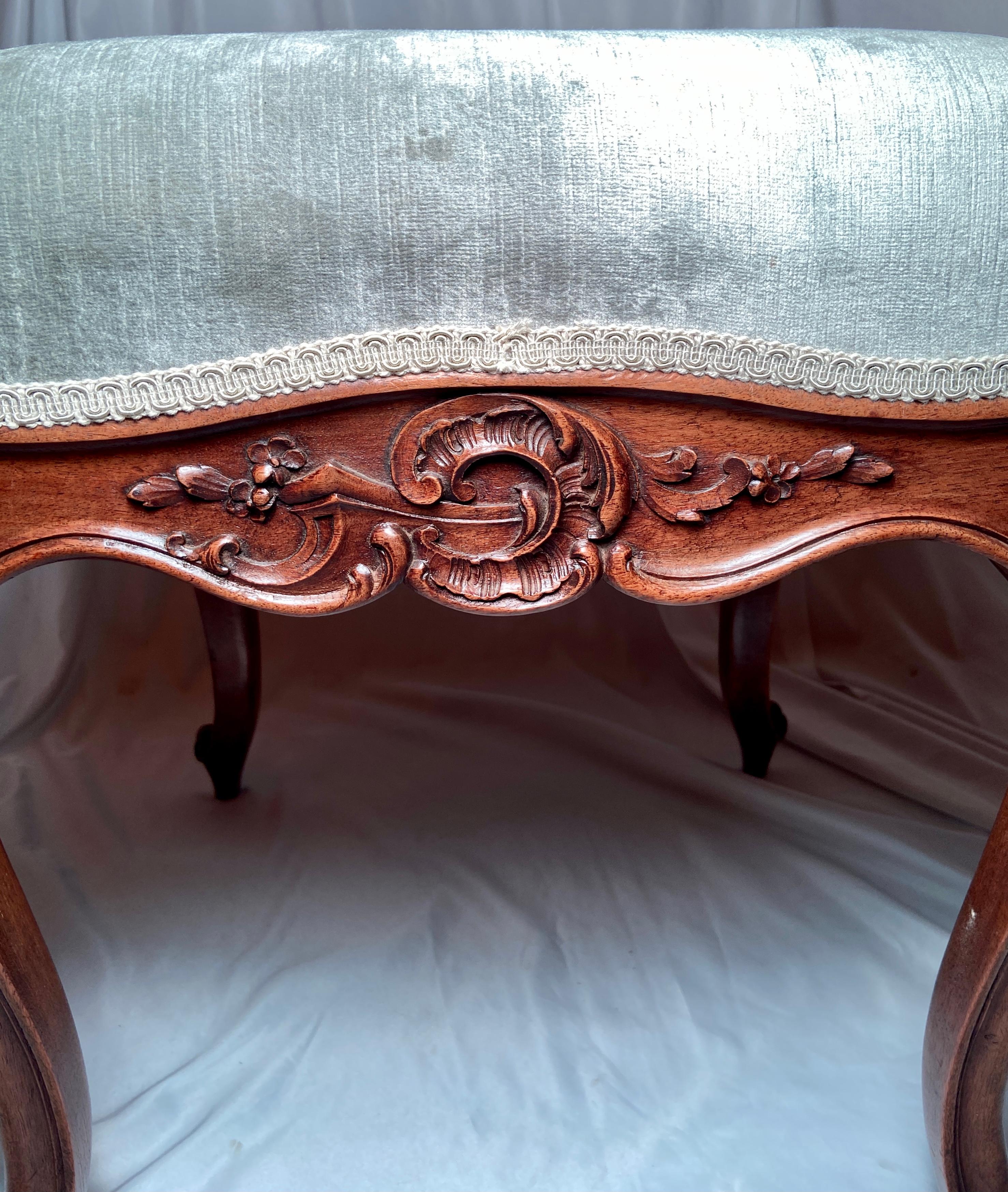Antique 19th Century French Carved Walnut Bench with New Upholstery For Sale 1