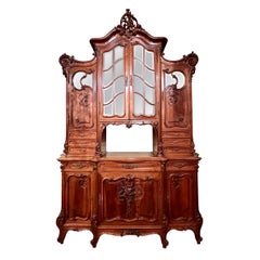 Antique 19th Century French Carved Walnut, Beveled Glass and Mirror Cabinet.
