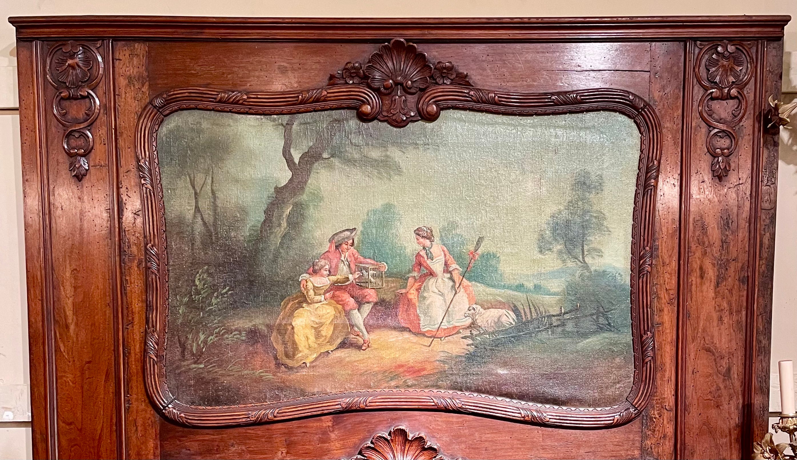 Antique Trumeau Mirror du 19ème siècle en noyer sculpté avec scène pastorale. Bon état - En vente à New Orleans, LA