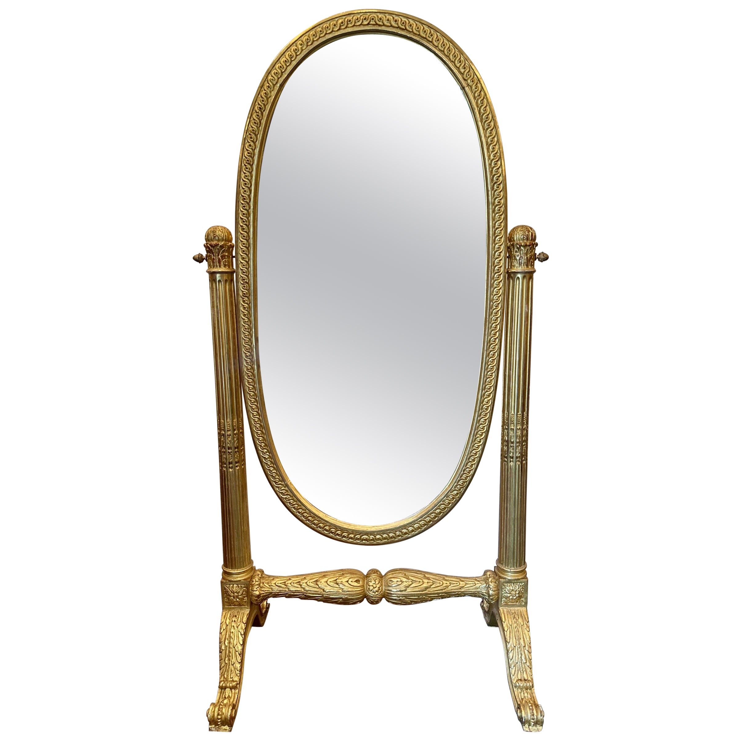 Antique 19th Century French Carved Wood with Gold Leaf Cheval Mirror.