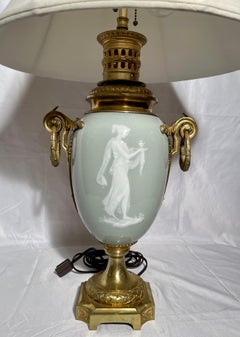 Antique 19th Century French Celadon "Pate Sur Pate" Porcelain & Gold Bronze Lamp